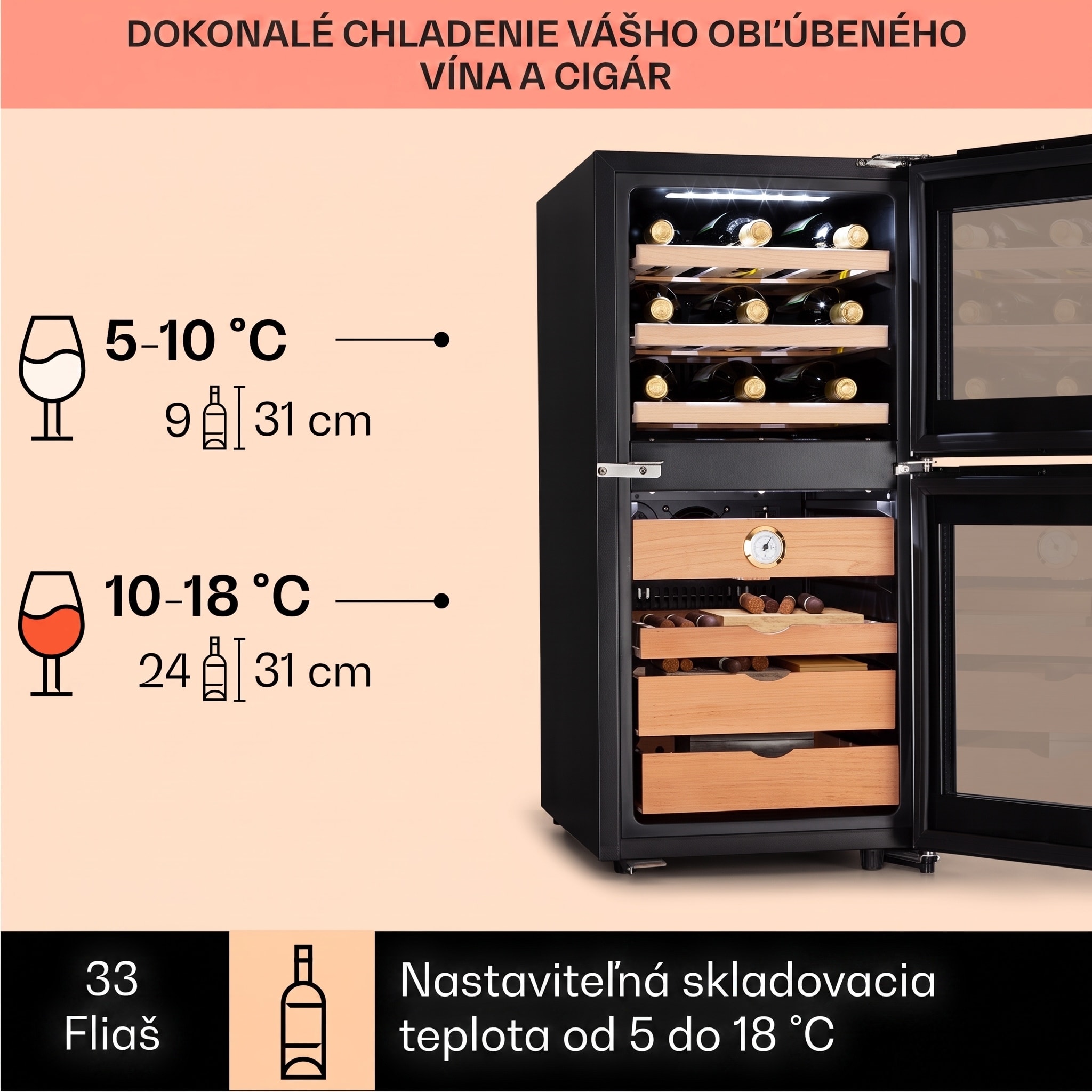 Klarstein El Dorado 89, humidor a chladnička na víno, 89 l, dotykové ovládanie, LED – Obrázok 3