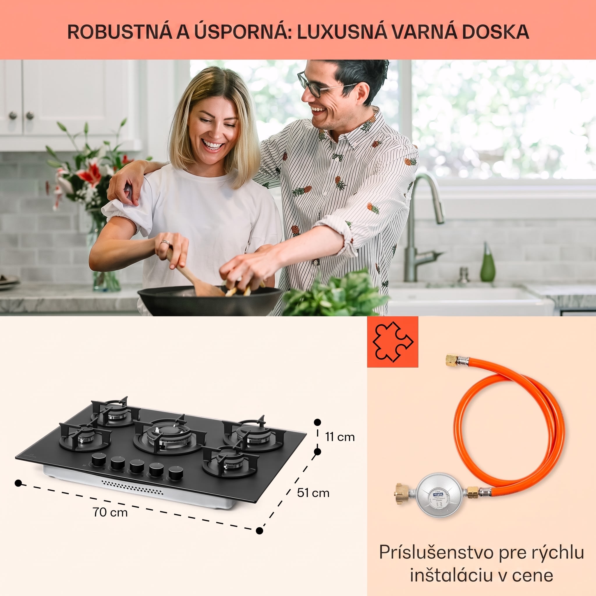 Klarstein Firetale, plynová varná doska, 5 hliníkových horákov, 70 cm, vrátane hadice a redukčného ventilu – Obrázok 5