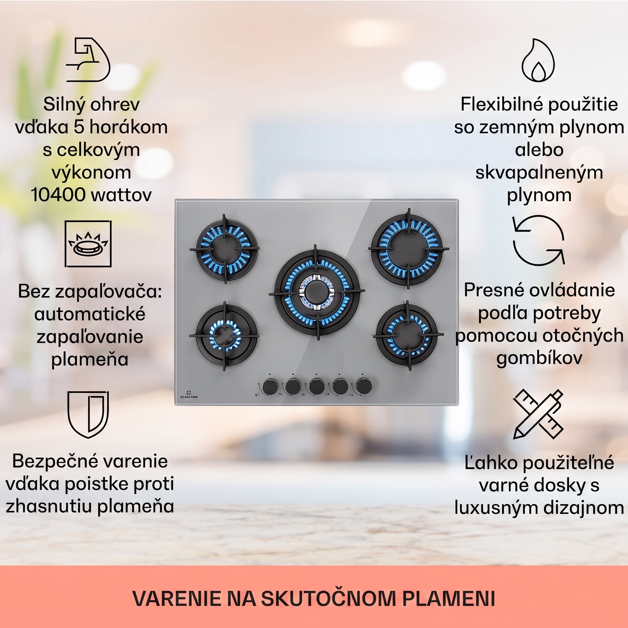Klarstein Firetale, plynová varná doska, 5 hliníkových horákov, 70 cm, vrátane hadice a redukčného ventilu