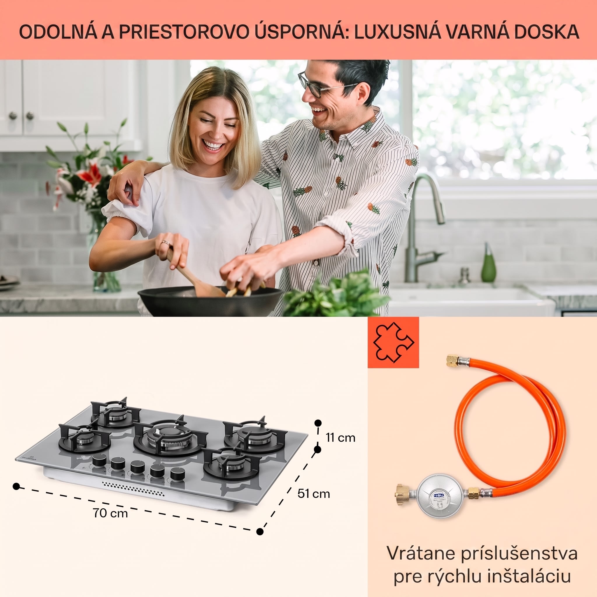 Klarstein Firetale, plynová varná doska, 5 hliníkových horákov, 70 cm, vrátane hadice a redukčného ventilu – Obrázok 5