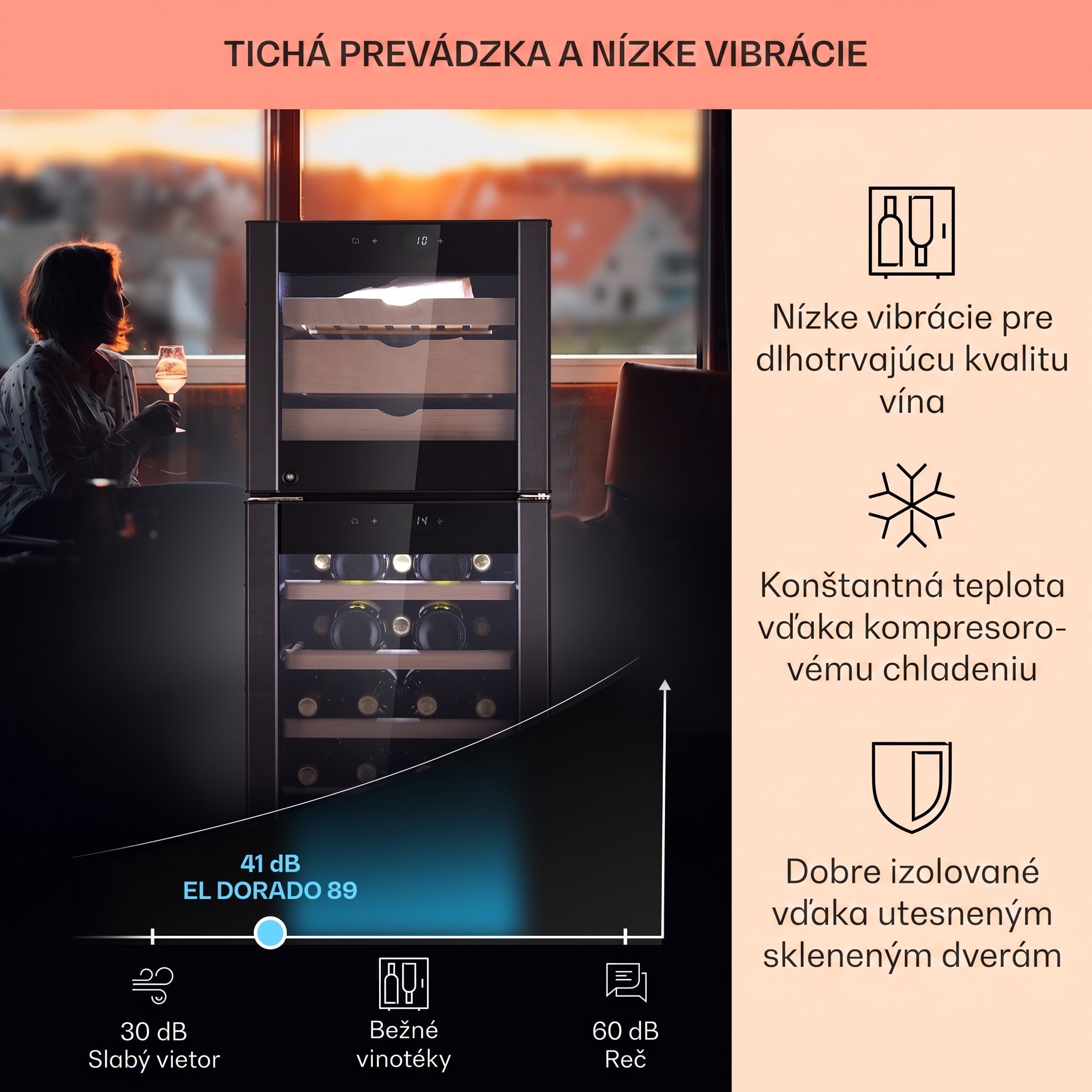 Klarstein El Dorado 89, chladnička na víno a syr, 89 l, 2 zóny, dotykový displej, LED – Obrázok 2