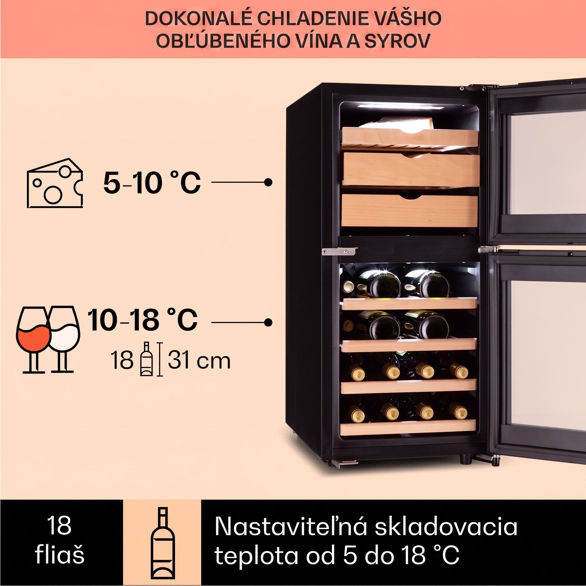 Klarstein El Dorado 89, chladnička na víno a syr, 89 l, 2 zóny, dotykový displej, LED – Obrázok 3