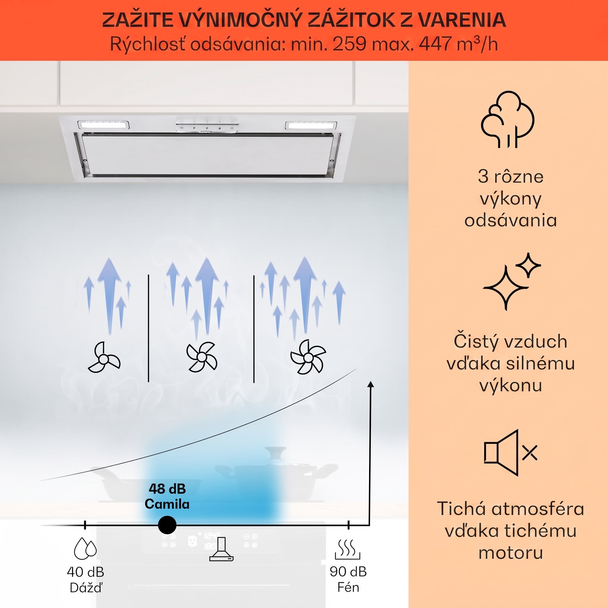 Klarstein Camila, vstavaný digestor, 70 cm, 380 m³/h, LED, dotyková plocha, nehrdzavejúca oceľ – Obrázok 2