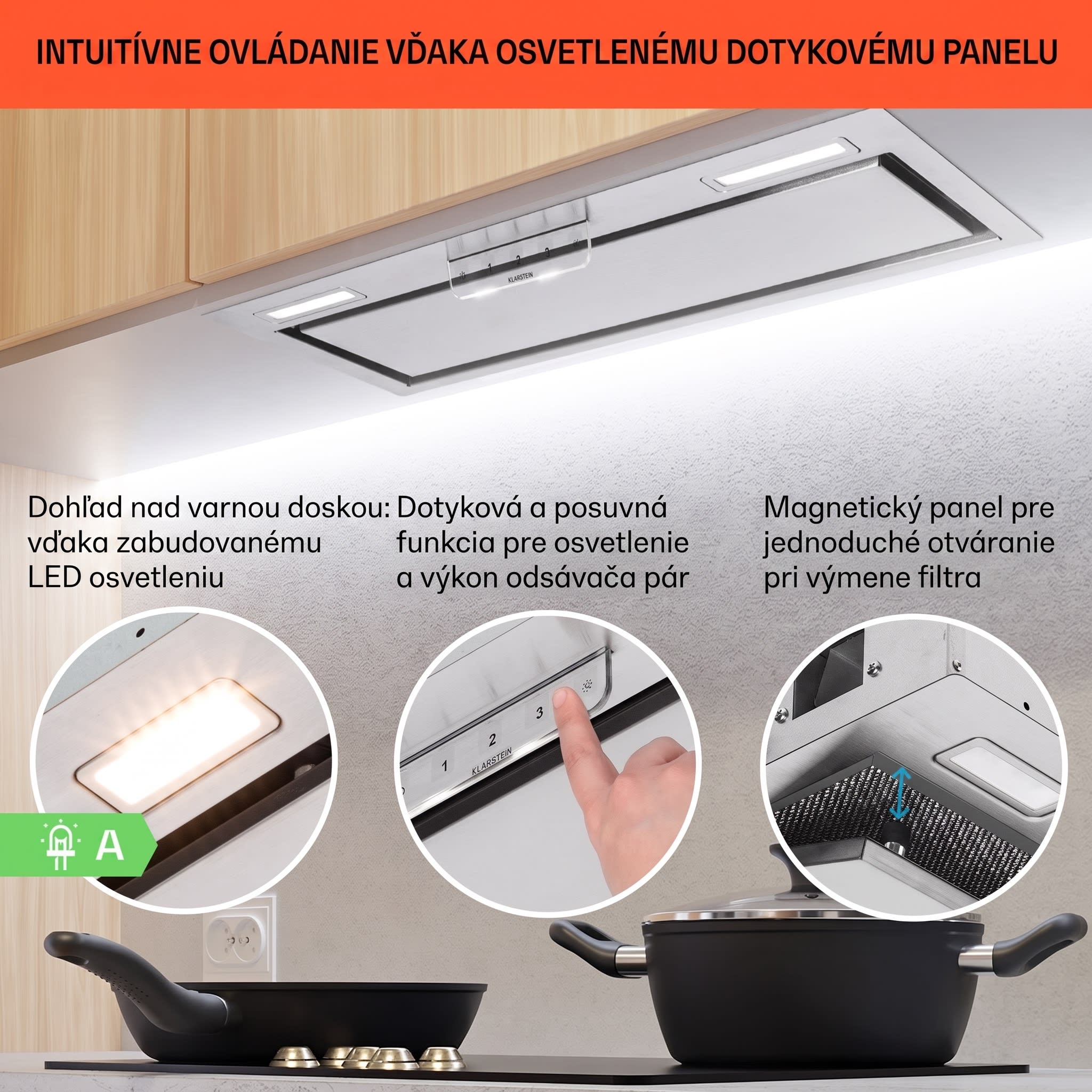 Klarstein Camila, vstavaný digestor, 70 cm, 380 m³/h, LED, dotyková plocha, nehrdzavejúca oceľ – Obrázok 3
