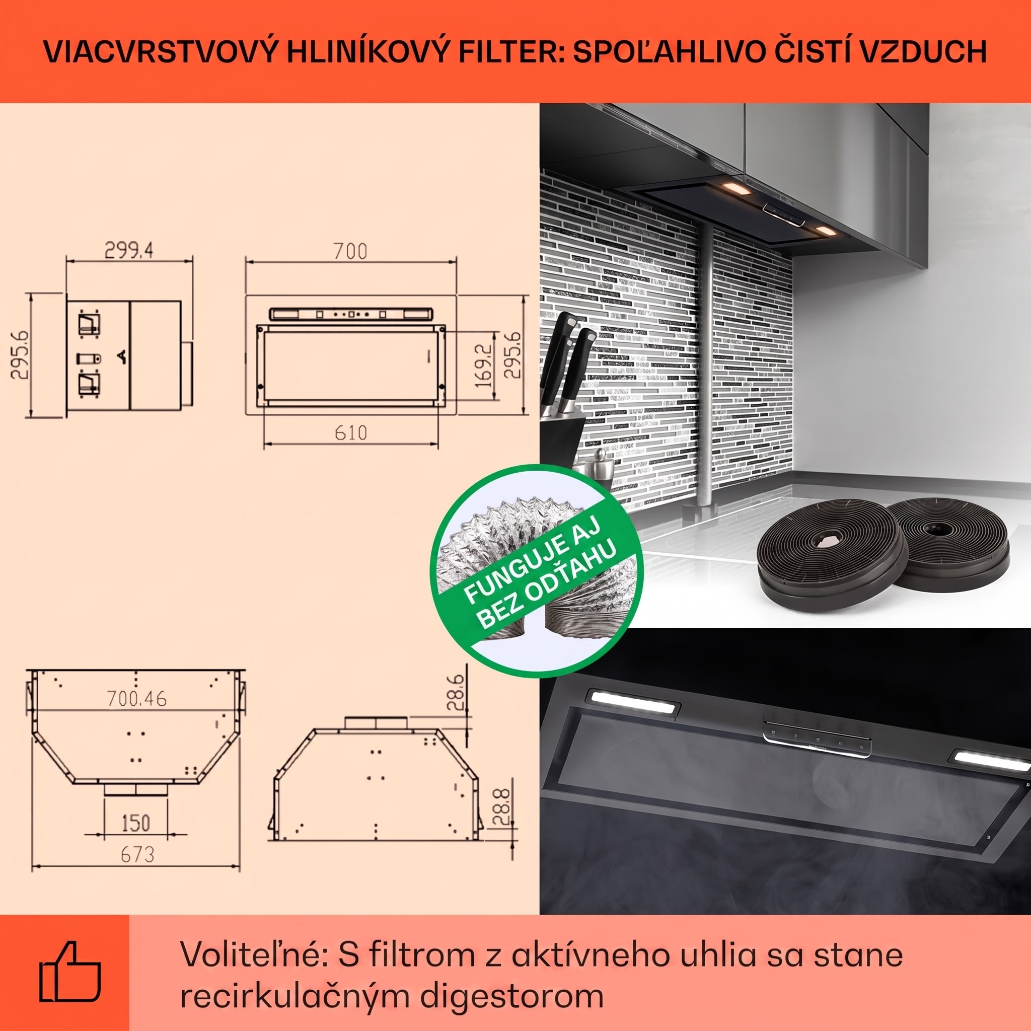 Klarstein Camila, vstavaný digestor, 70 cm, 380 m³/h, LED, dotyková plocha, nehrdzavejúca oceľ – Obrázok 4