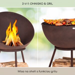 Blumfeldt Azuma ohnisková misa Ø 66 cm 2 mm s roštom na drevené uhlie a gril, pláštenka proti dažďu a hák na prikladanie dreva