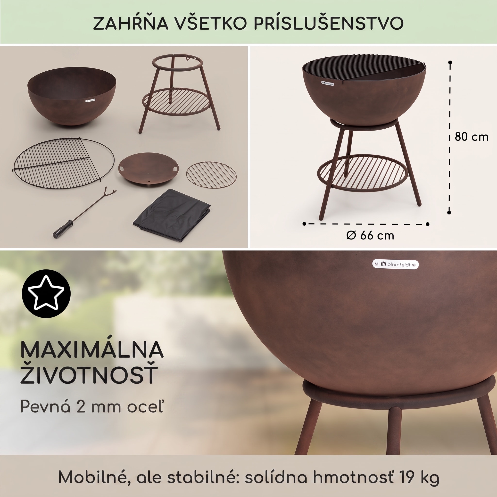 Blumfeldt Azuma ohnisková misa Ø 66 cm 2 mm s roštom na drevené uhlie a gril, pláštenka proti dažďu a hák na prikladanie dreva – Obrázok 4