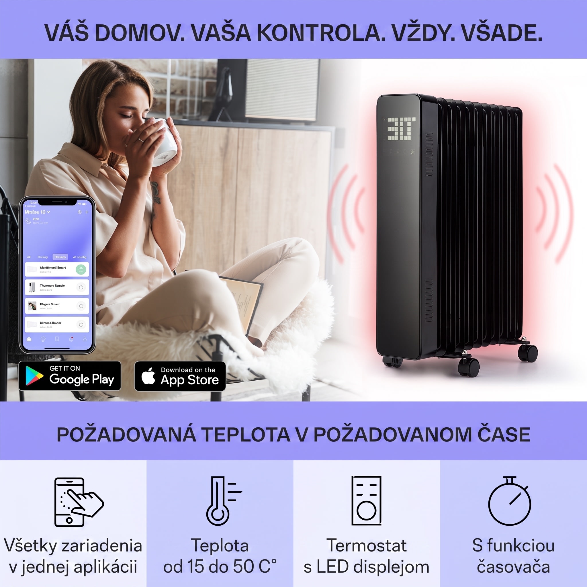 Sanford Smart, olejový radiátor, 2500 W, týždenný časovač, LED displej, dotykový panel, Klarstein aplikácia – Obrázok 2