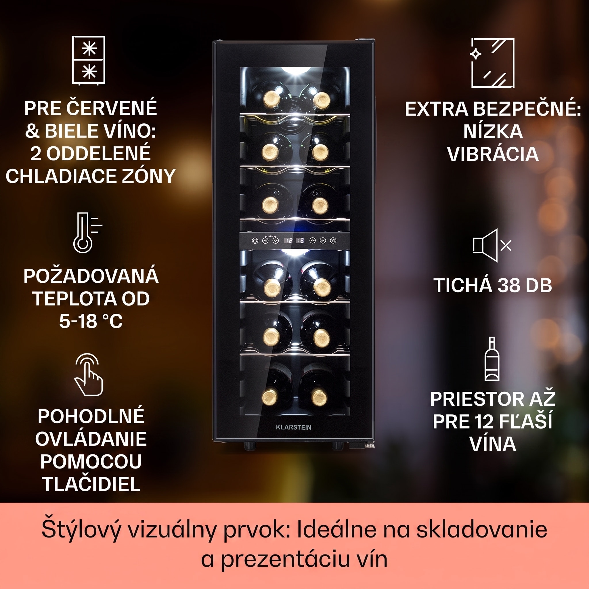 Klarstein Shiraz 12 Duo vinotéka 2 zóny 42 l/12 fliaš 5-12 / 12-18 °C dotykový panel