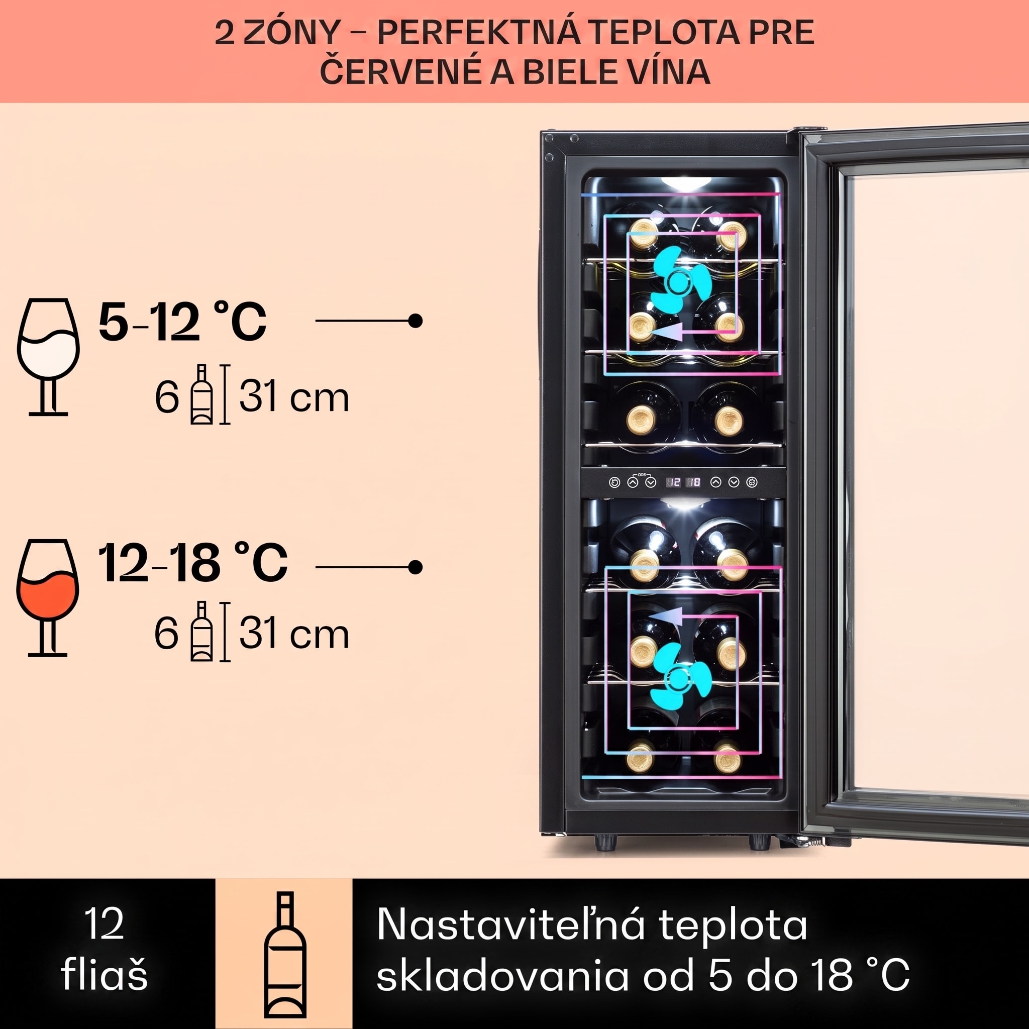 Klarstein Shiraz 12 Duo vinotéka 2 zóny 42 l/12 fliaš 5-12 / 12-18 °C dotykový panel – Obrázok 2