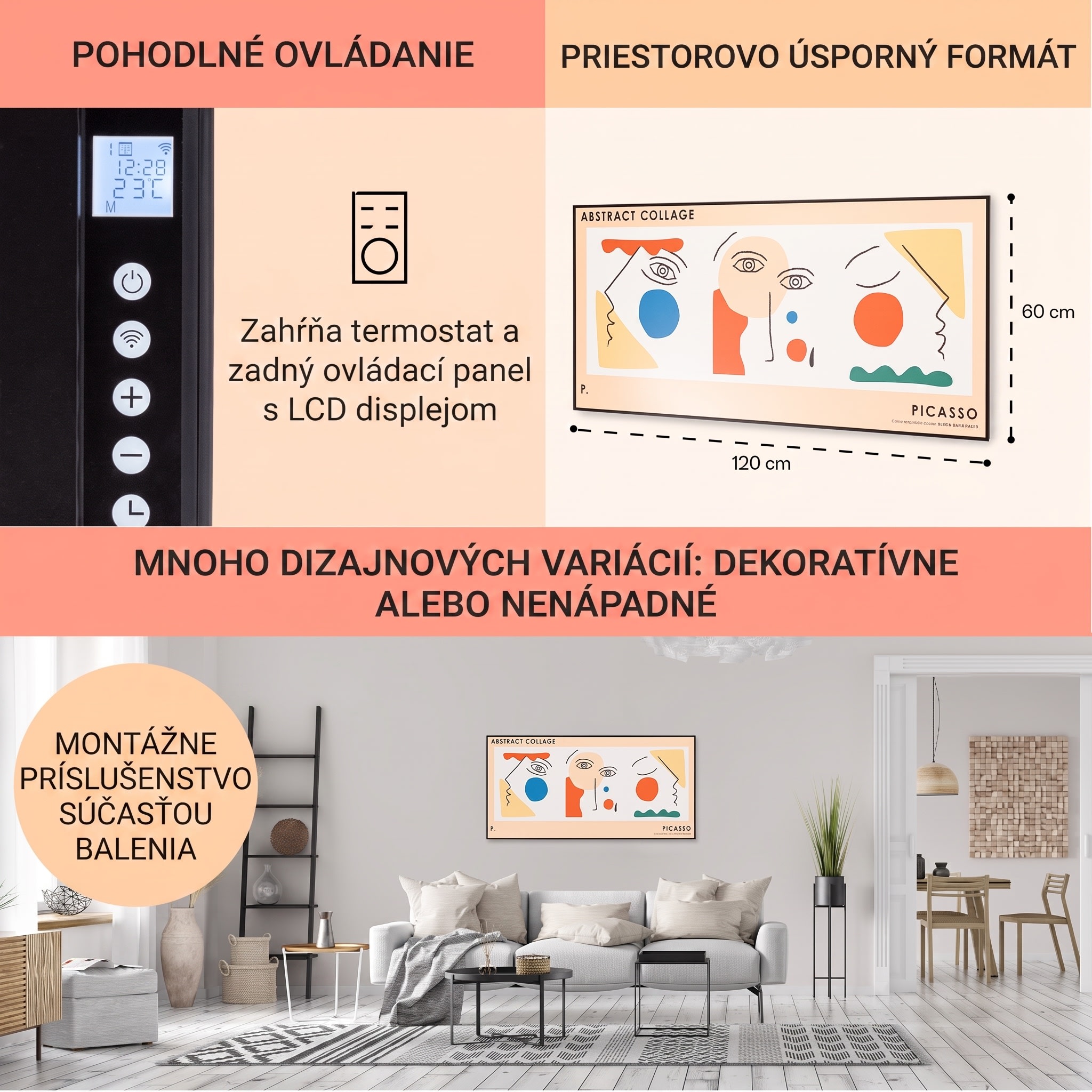 Klarstein Wonderwall Air Art, infračervený smart ohrievač, 60 x 120 cm, 700 W, nástenná inštalácia, aplikácia, abstrakt – Obrázok 5