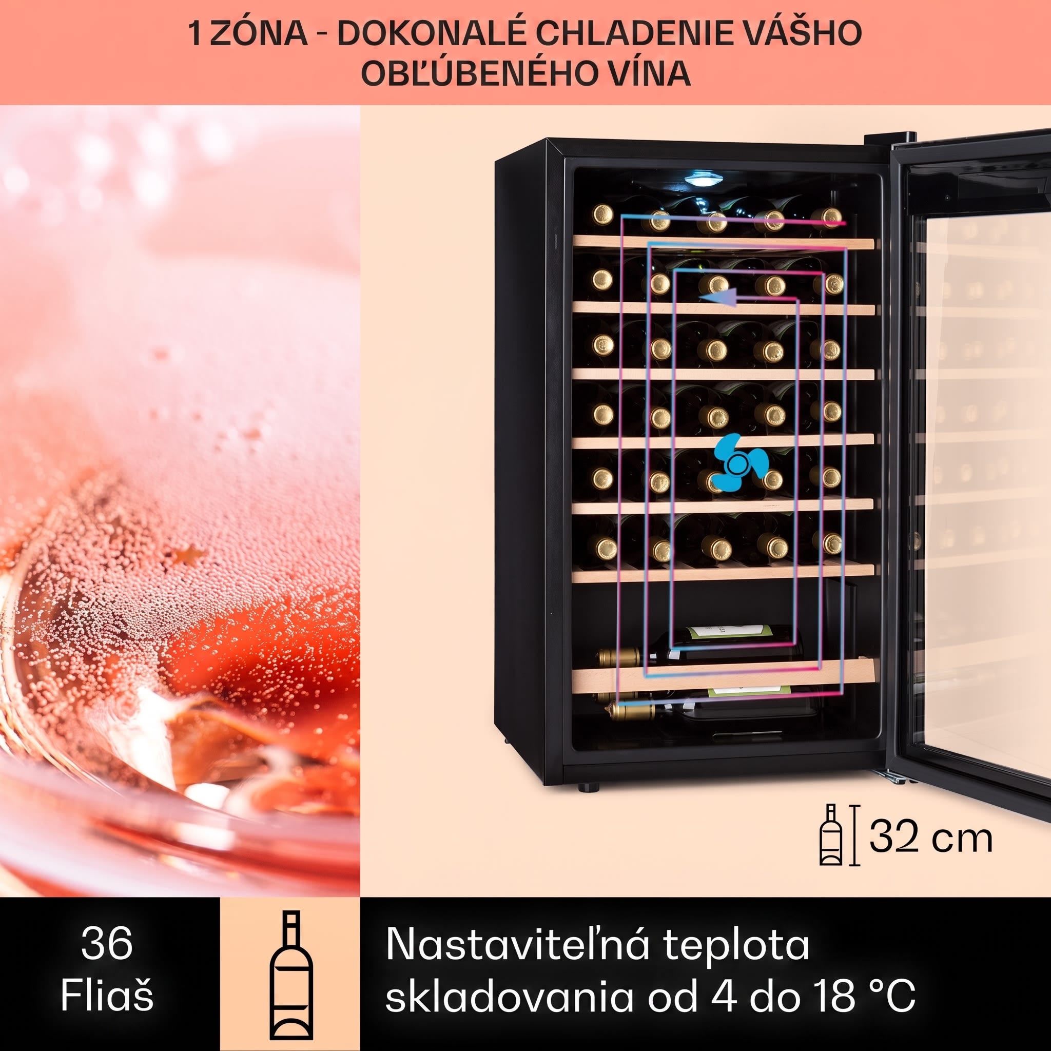 Klarstein Vinamour 32 Uno, vinotéka, 95 l, 36 fliaš, 4-18°C, 1 zóna, dotykové ovládanie – Obrázok 2