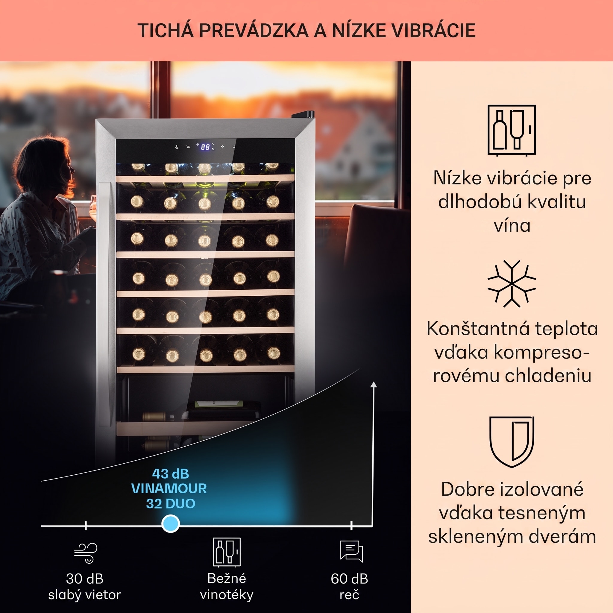 Klarstein Vinamour 32 Uno, vinotéka, 95 l, 36 fliaš, 4-18°C, 1 zóna, dotykové ovládanie – Obrázok 3
