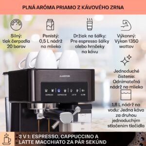 Klarstein Arabica Comfort kávovar s portafiltrom, 1350 W, 20 bar, 1,8 l, dotykový ovládací panel