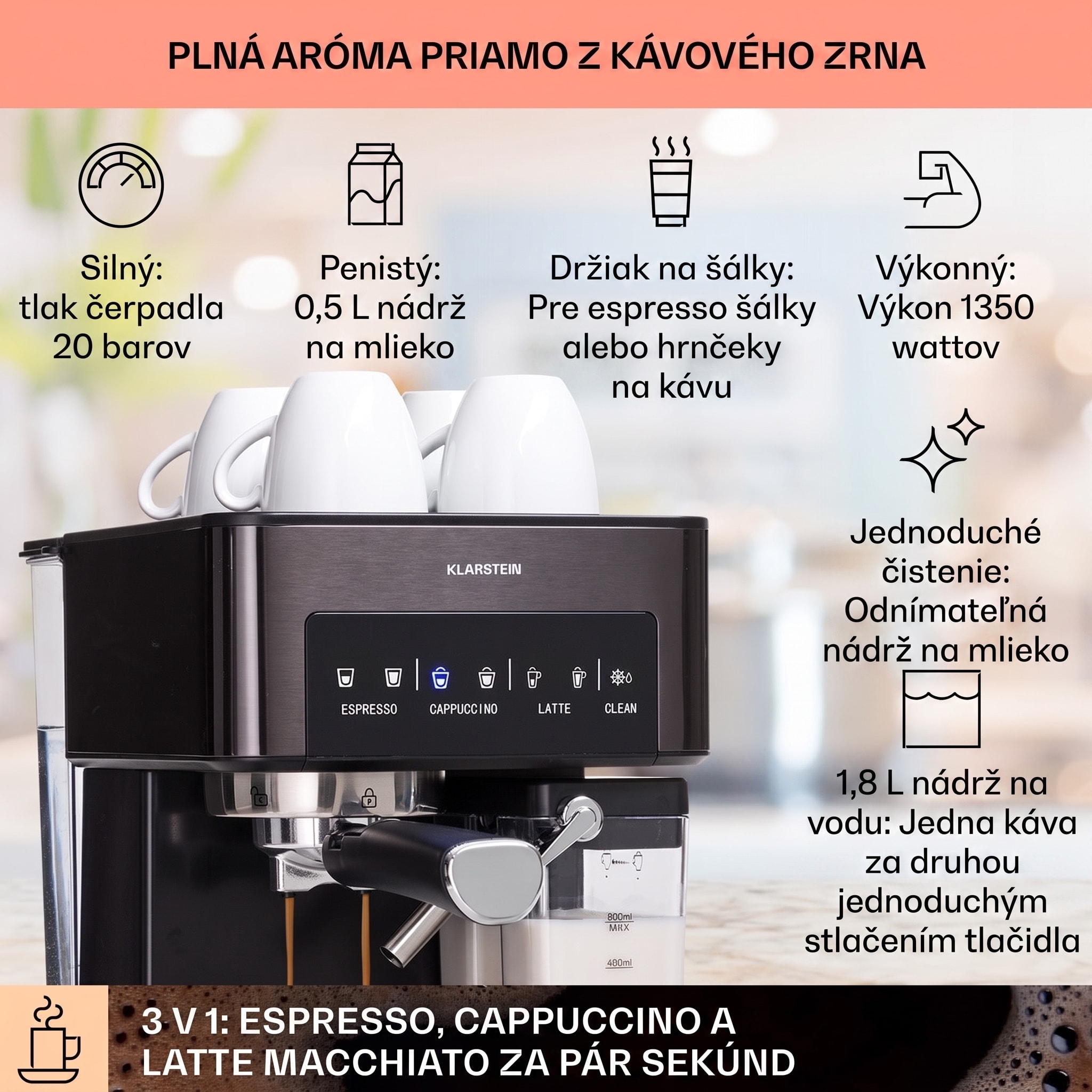 Klarstein Arabica Comfort kávovar s portafiltrom, 1350 W, 20 bar, 1,8 l, dotykový ovládací panel