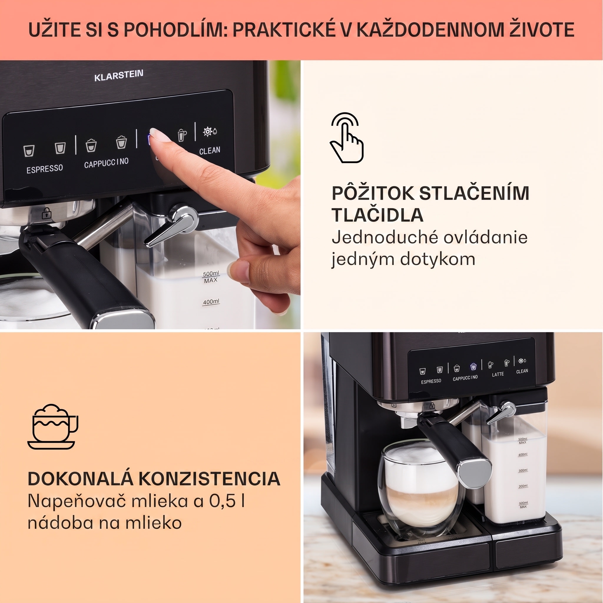 Klarstein Arabica Comfort kávovar s portafiltrom, 1350 W, 20 bar, 1,8 l, dotykový ovládací panel – Obrázok 2
