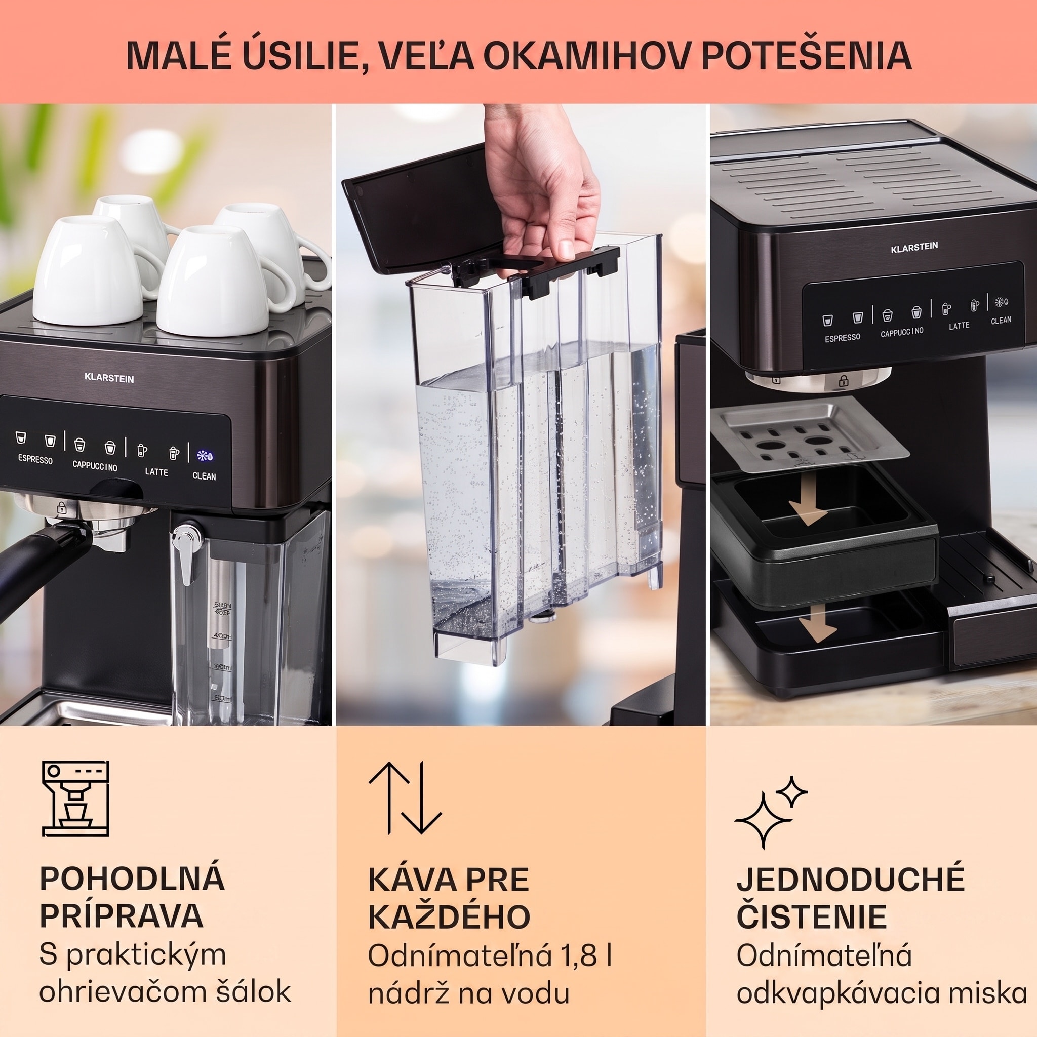Klarstein Arabica Comfort kávovar s portafiltrom, 1350 W, 20 bar, 1,8 l, dotykový ovládací panel – Obrázok 5
