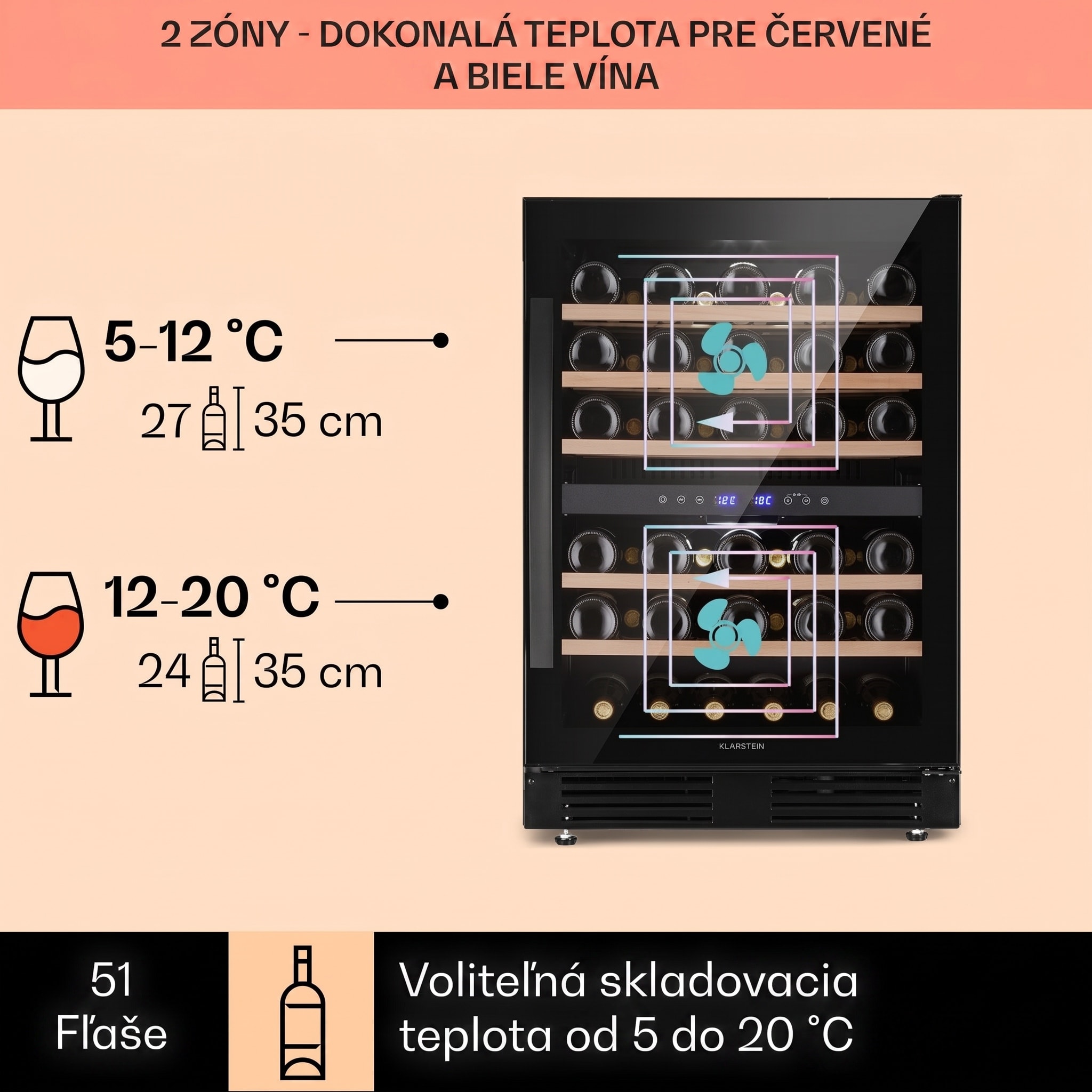 Klarstein Vinovilla 50 Duo dvojzónová vinotéka 53 l 17 fliaš 3-farebné sklenené dvere – Obrázok 2