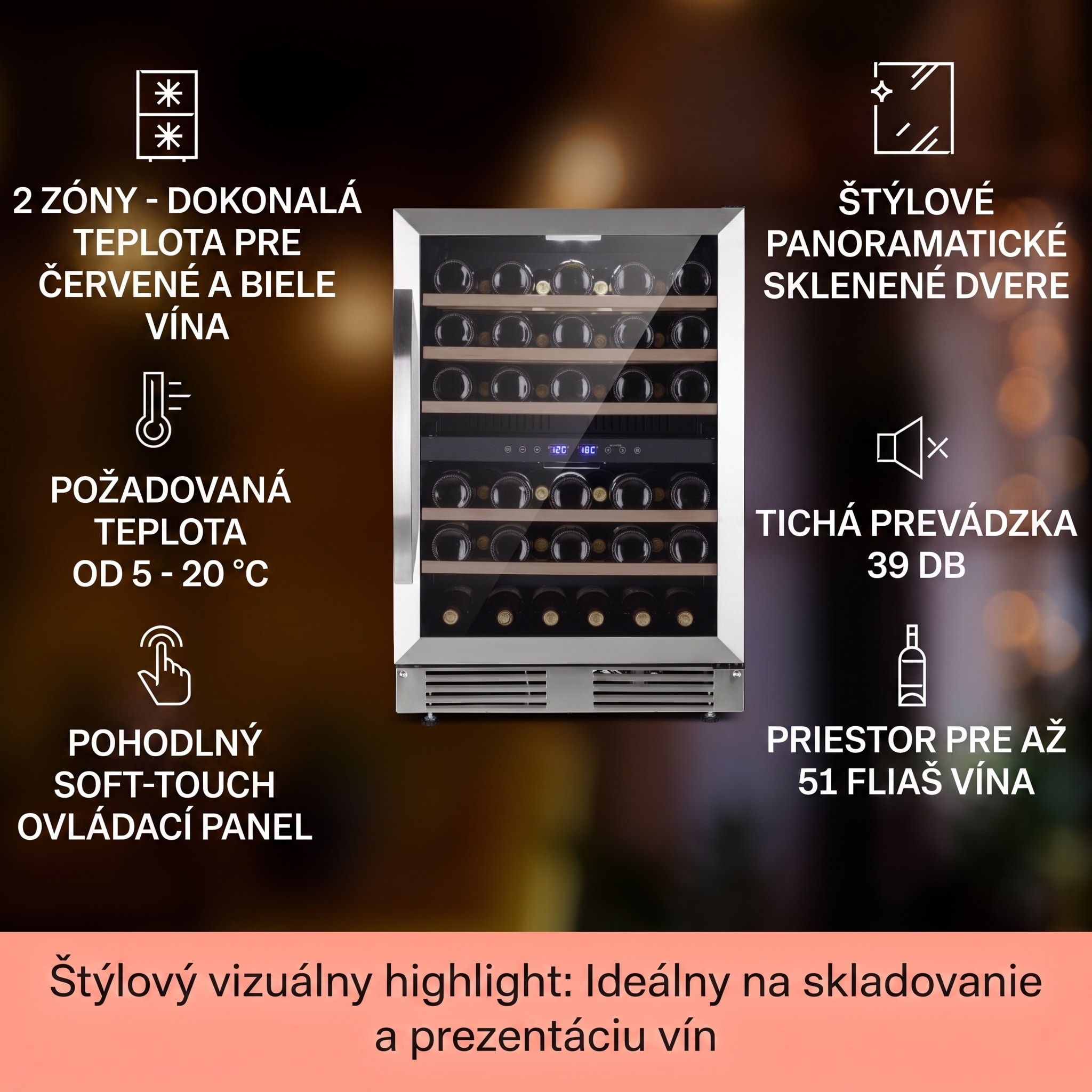 Klarstein Vinovilla 50 Duo dvojzónová vinotéka 53 l 17 fliaš 3-farebné sklenené dvere