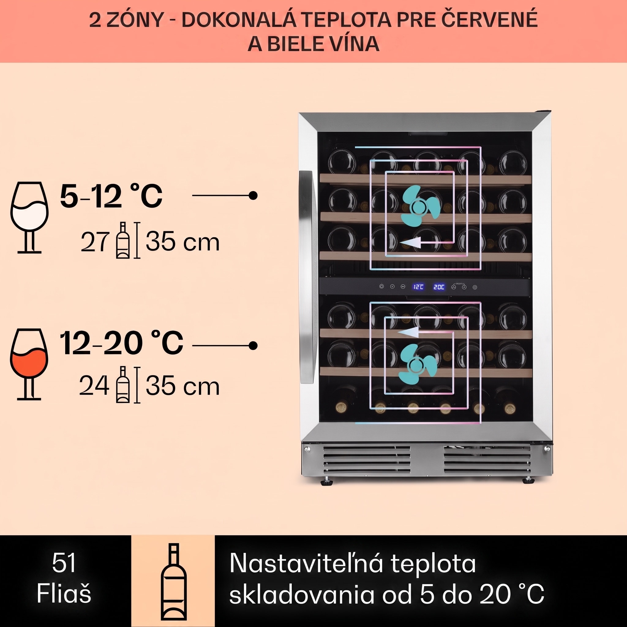 Klarstein Vinovilla 50 Duo dvojzónová vinotéka 53 l 17 fliaš 3-farebné sklenené dvere – Obrázok 2