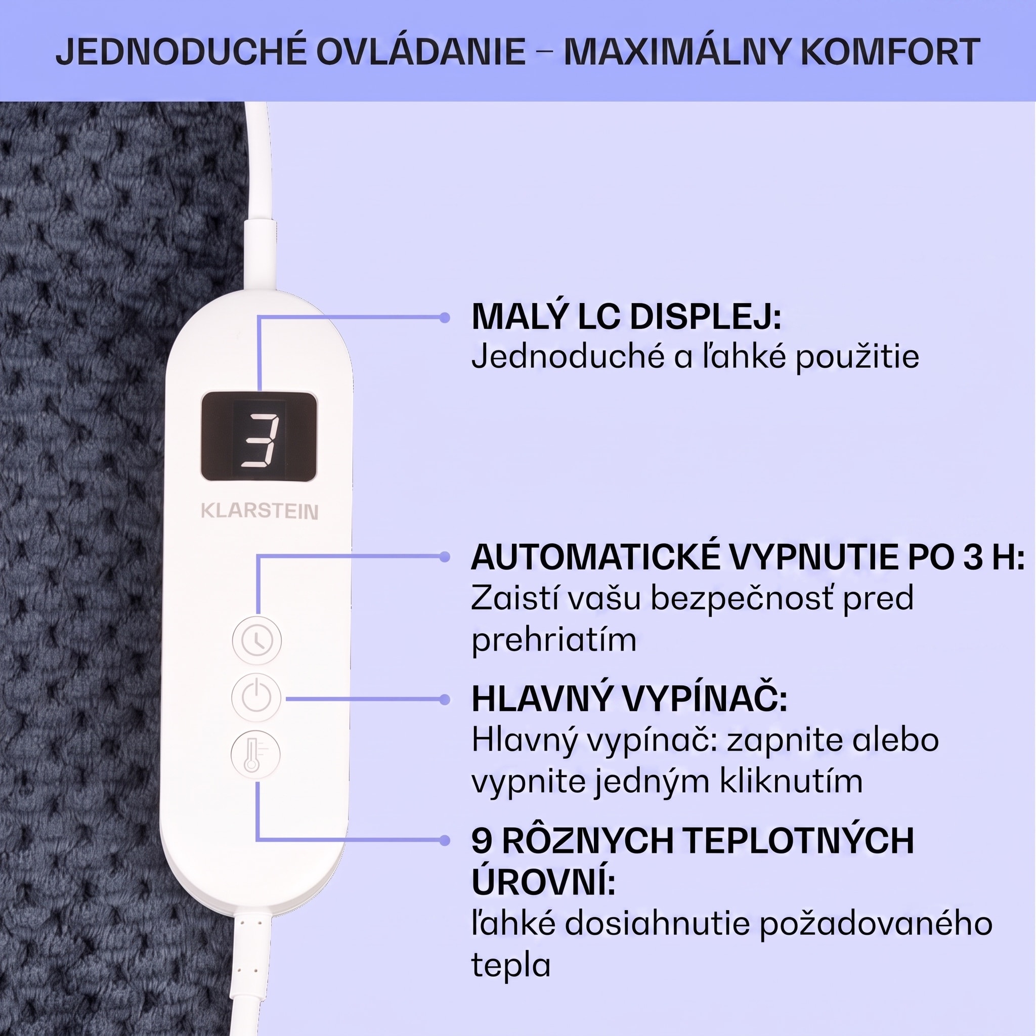 Klarstein DR Watson Deluxe XL, elektrická deka, 160 W, 9 úrovní ohrevu, 180 x 130 cm – Obrázok 5