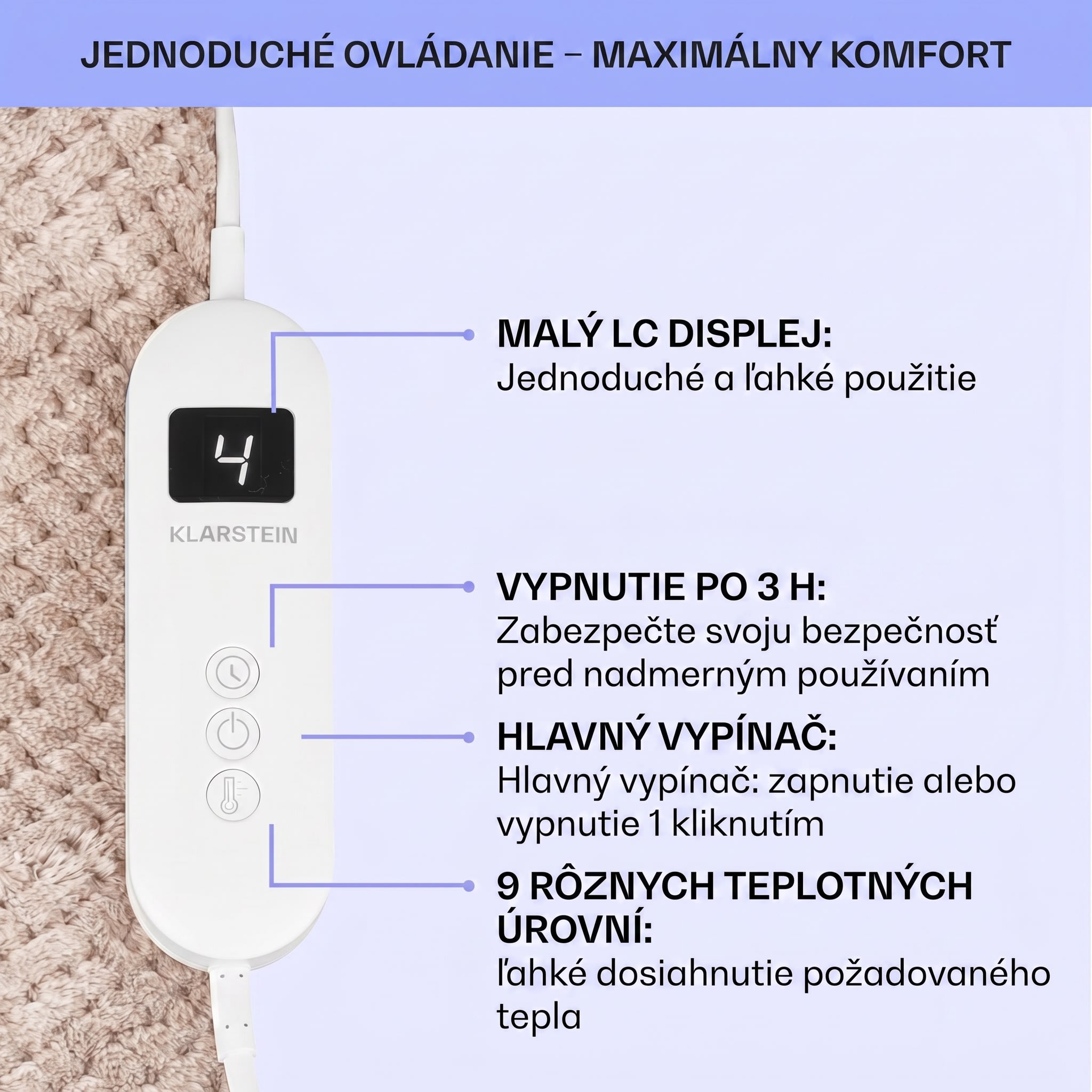 Klarstein DR Watson Deluxe XL, elektrická deka, 160 W, 9 úrovní ohrevu, 180 x 130 cm – Obrázok 5