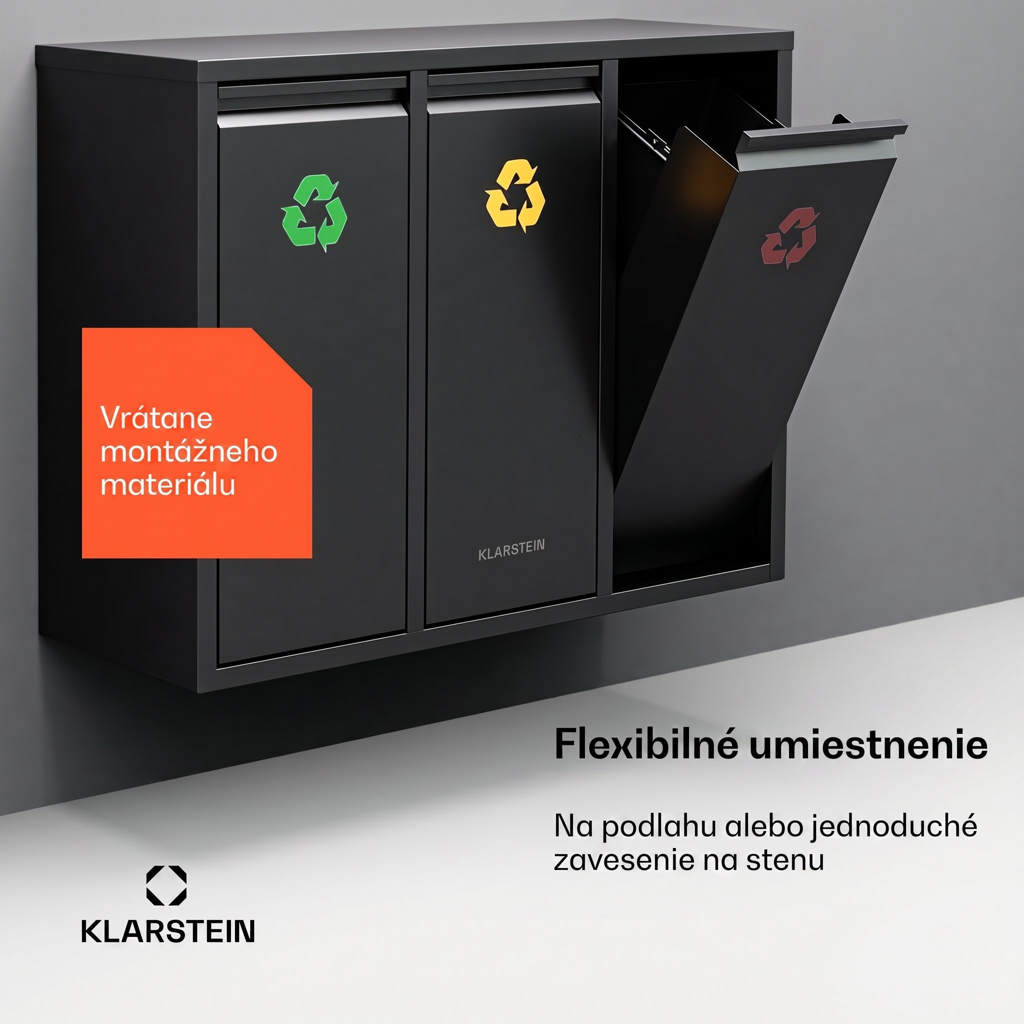 Klarstein Ordnungshüter 3 odpadkové koše 45 litrov 3 nádoby recyklácia nástenná montáž – Obrázok 3