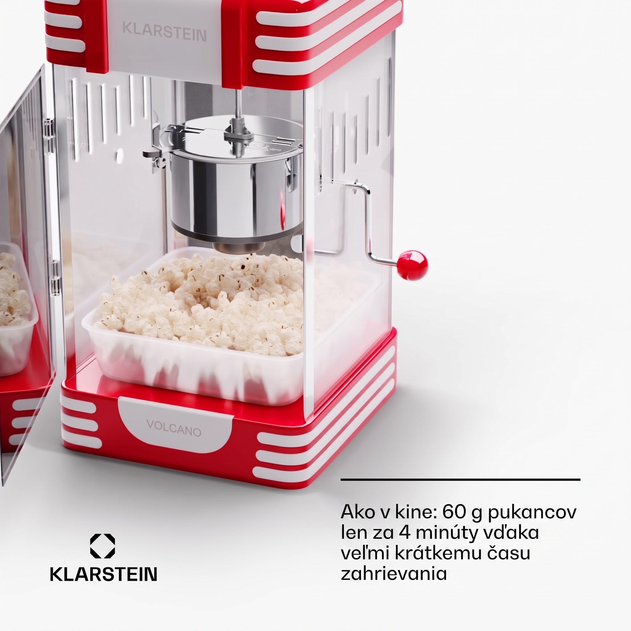 Klarstein Volcano, popkornovač, 300 W, 60 g/4 min, hrniec z nehrdzavejúcej ocele, retro dizajn