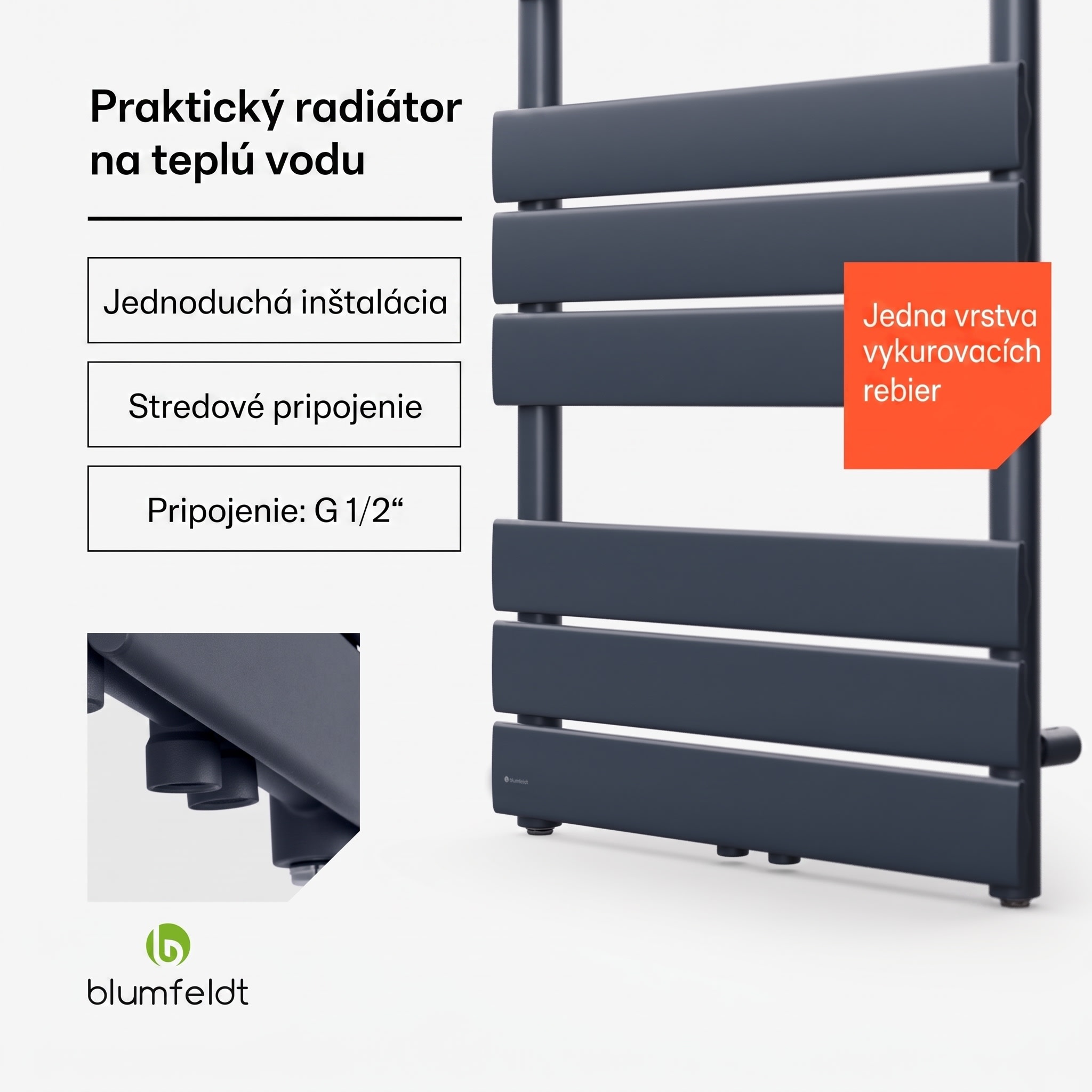 Blumfeldt Fairmont, 50 x 107, radiátor, 509 W, teplovodný, 4 vešiaky uterákov, 1/2" – Obrázok 2