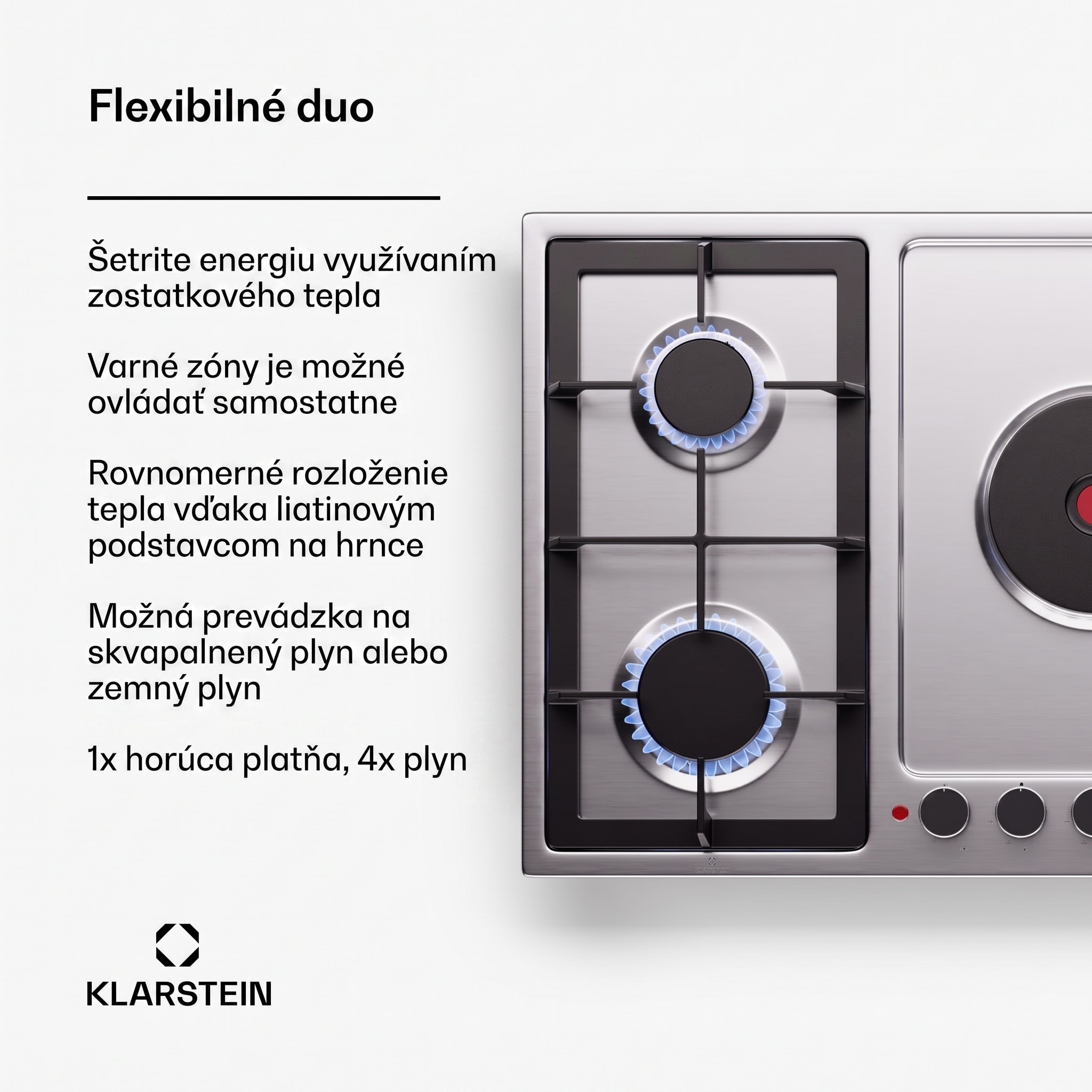 Klarstein MultiChef 5 Hot Plate, elektrická a plynová varná doska, 5 varných zón, 4 horáky, 1 elektrická platňa