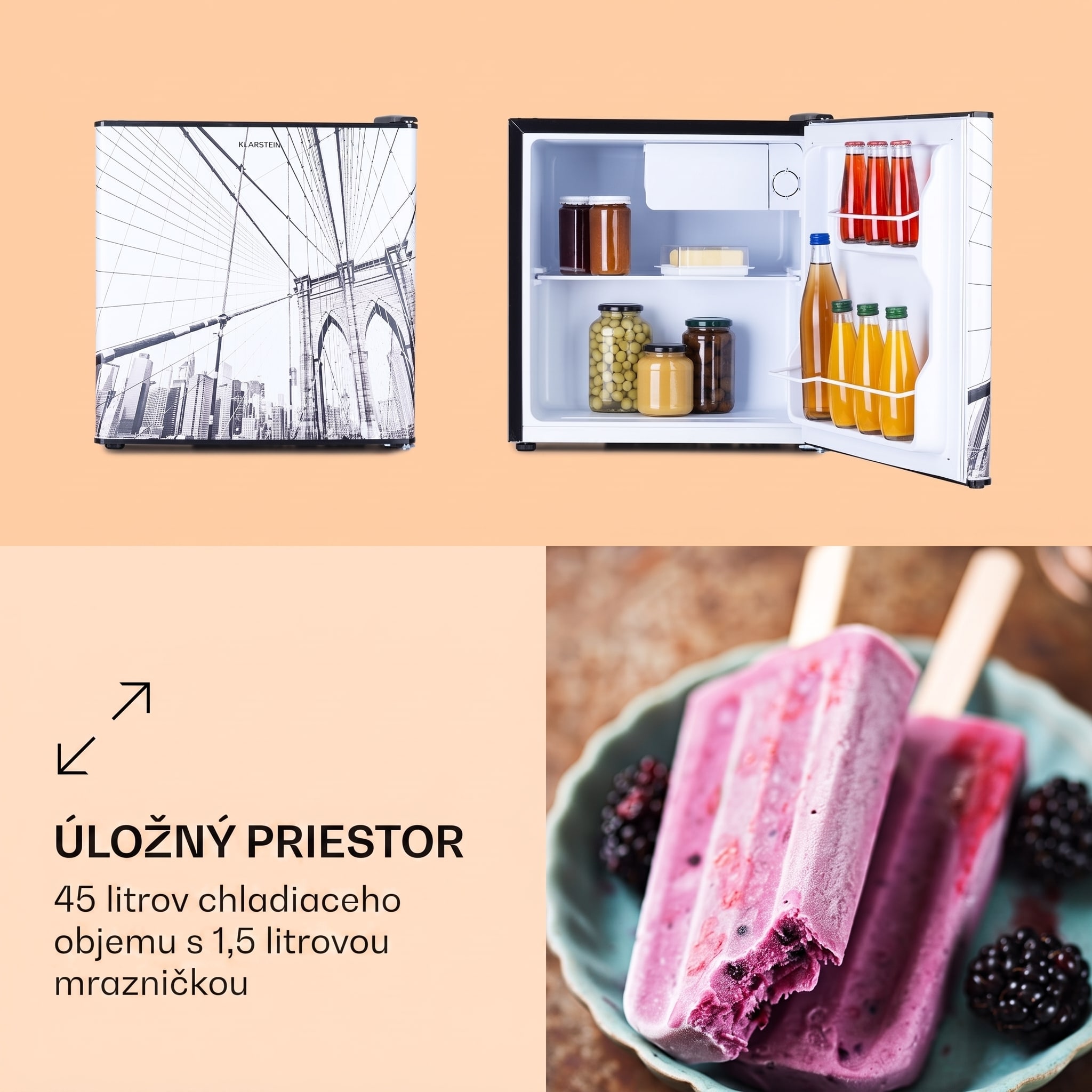 Klarstein CoolArt 45L, mini chladnička, EEK E, mraziaci priestor 1,5 l, dizajnové dvere – Obrázok 2