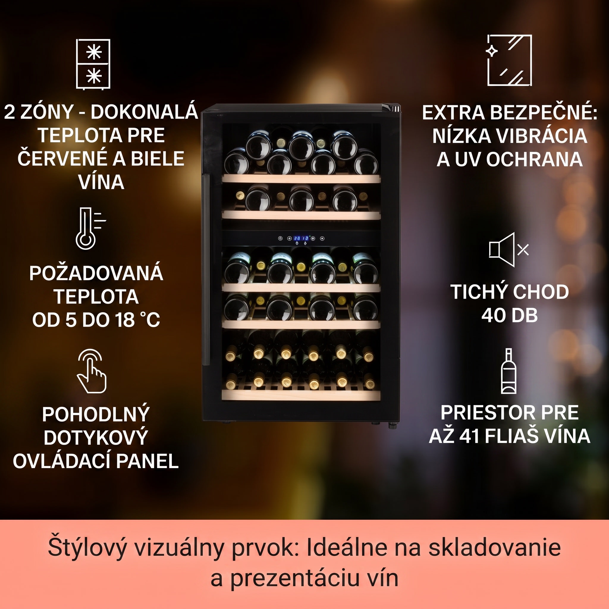 Klarstein Barossa 40D, vinotéka, 135 l, 2 zóny, 41 fliaš, sklenené dvere, dotyková