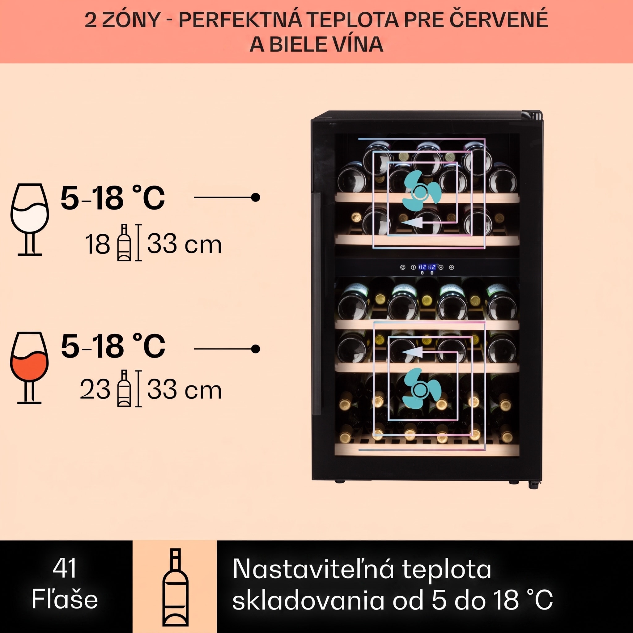 Klarstein Barossa 40D, vinotéka, 135 l, 2 zóny, 41 fliaš, sklenené dvere, dotyková – Obrázok 2