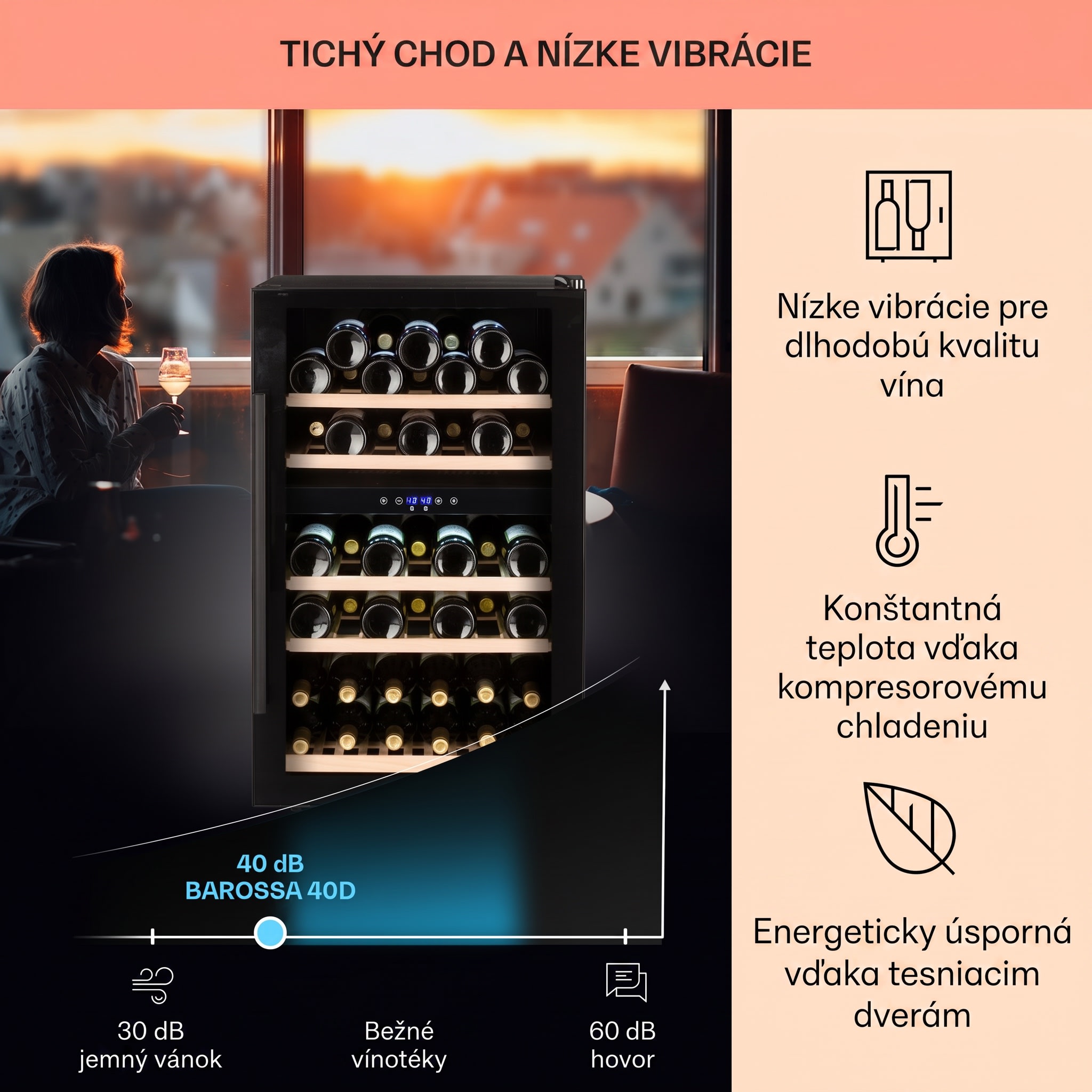 Klarstein Barossa 40D, vinotéka, 135 l, 2 zóny, 41 fliaš, sklenené dvere, dotyková – Obrázok 3