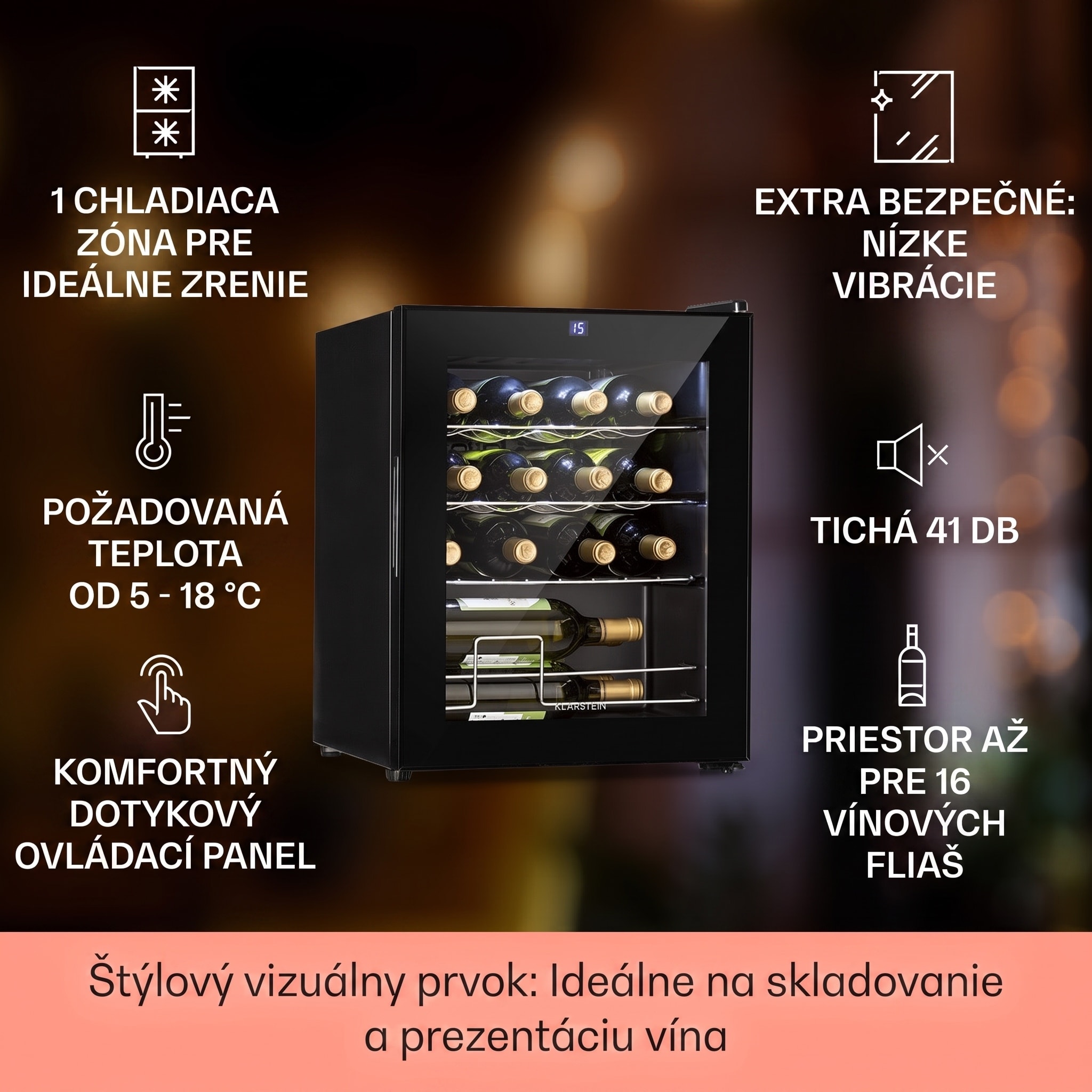 Klarstein Shiraz, vinotéka, 42 l, 131 W, 5-18°C, dotykový ovládací panel, čierna