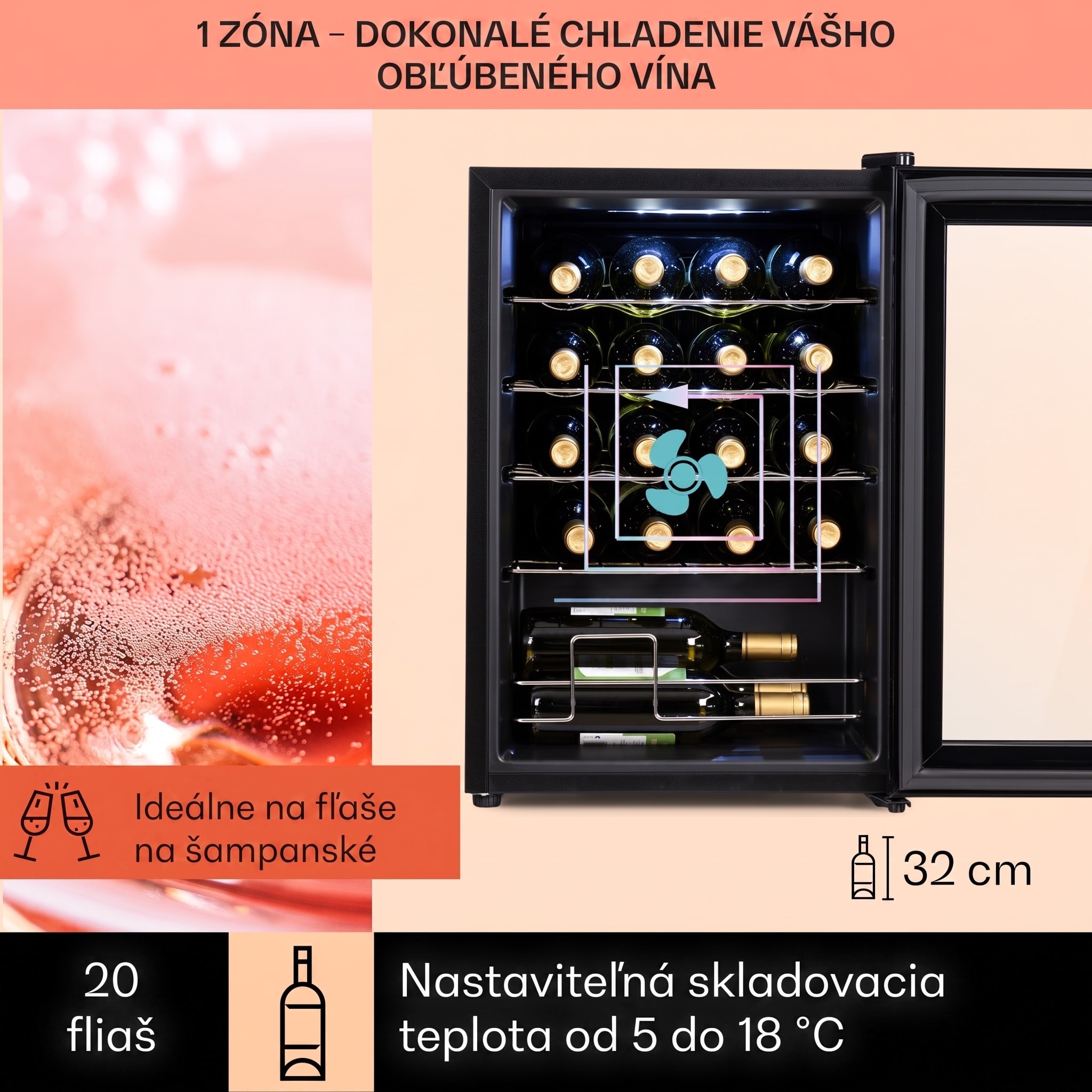 Klarstein Shiraz 20 Uno, vinotéka, 53 l, 20 fliaš, 5-18°C, dotykový ovládací panel – Obrázok 2
