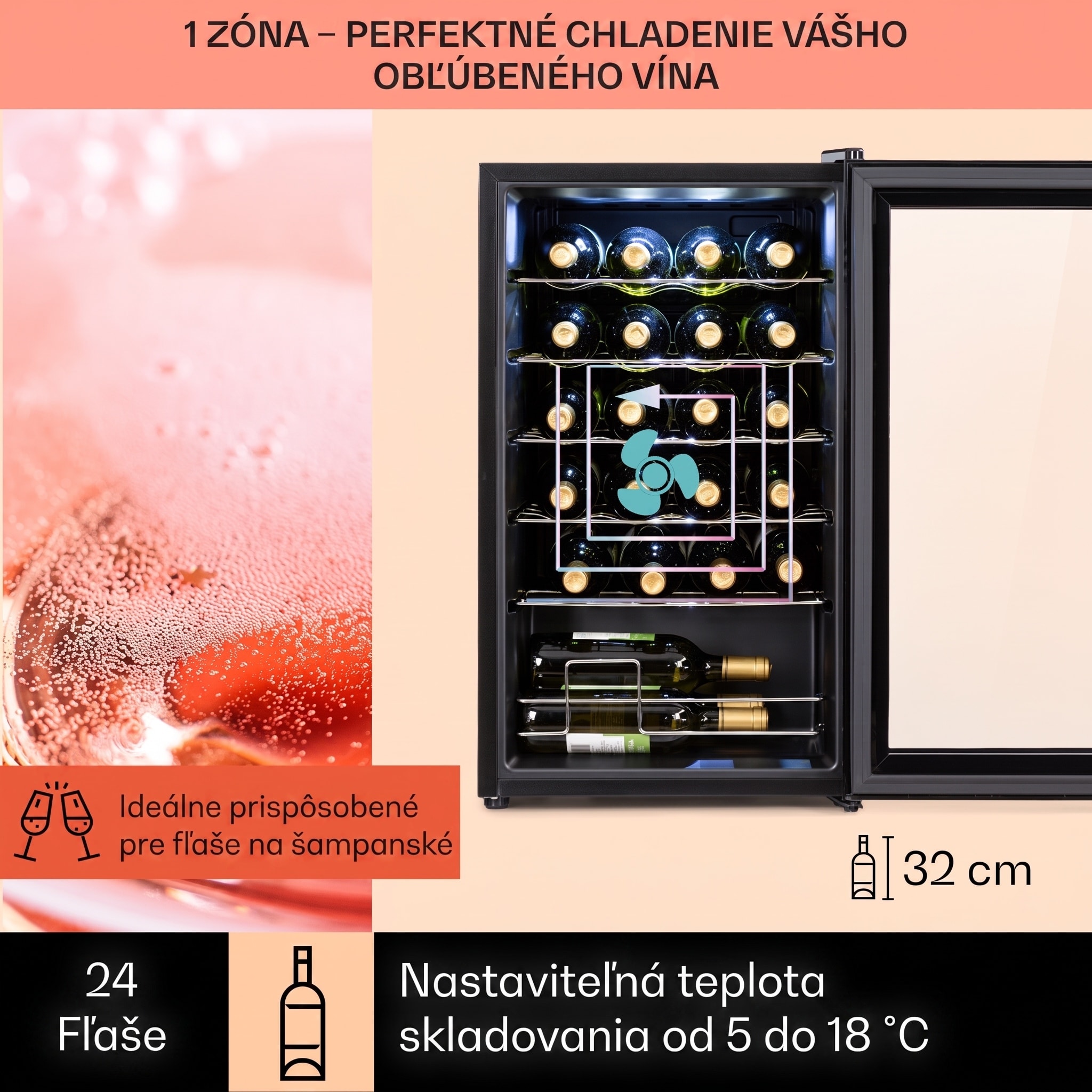 Klarstein Shiraz 24 Uno, vinotéka, 63 l, 24 fliaš, 5-18°C, dotykový ovládací panel – Obrázok 2