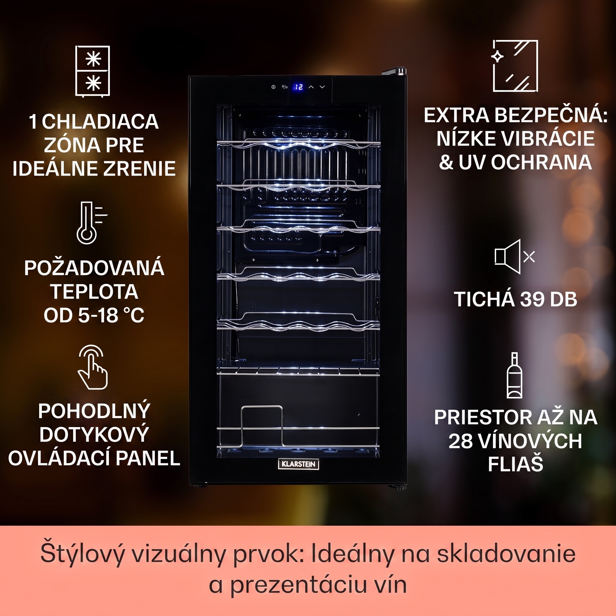 Klarstein Shiraz 28 Uno, vinotéka, 74 l, 28 fliaš, 5-18°C, dotykový ovládací panel