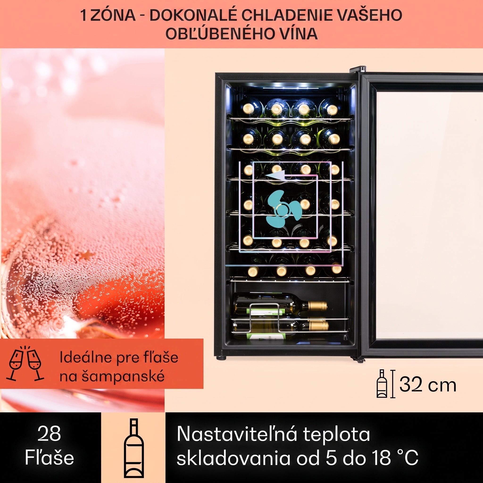 Klarstein Shiraz 28 Uno, vinotéka, 74 l, 28 fliaš, 5-18°C, dotykový ovládací panel – Obrázok 2
