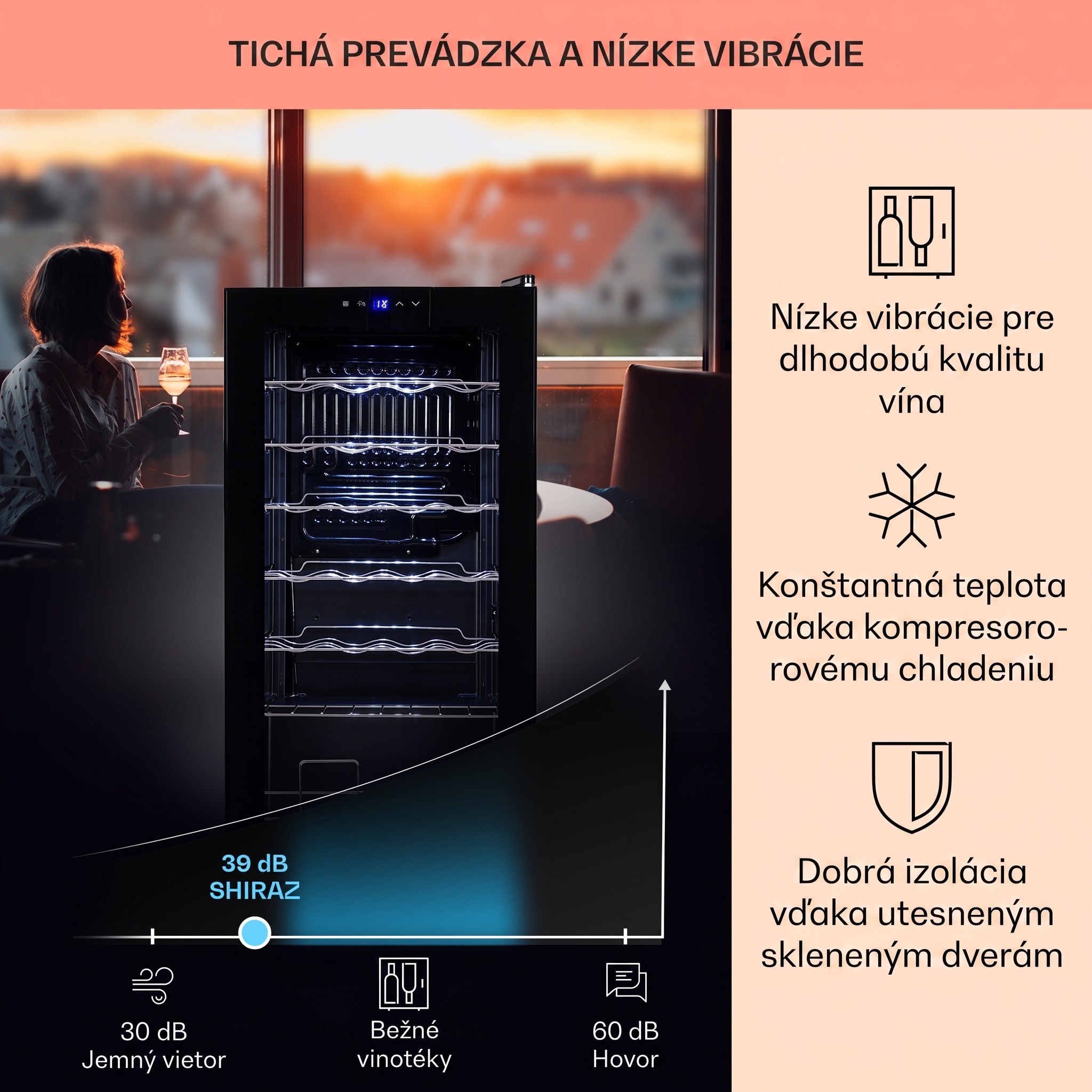 Klarstein Shiraz 28 Uno, vinotéka, 74 l, 28 fliaš, 5-18°C, dotykový ovládací panel – Obrázok 3