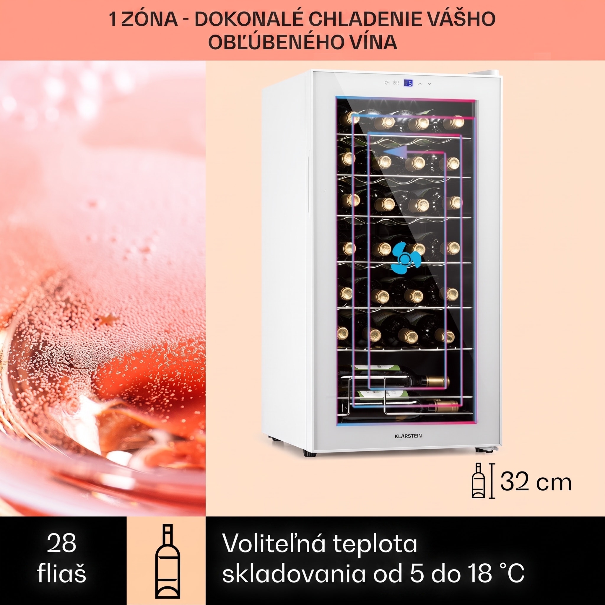 Klarstein Shiraz 28 Uno, vinotéka, 74 l, 28 fliaš, 5-18°C, dotykový ovládací panel – Obrázok 2