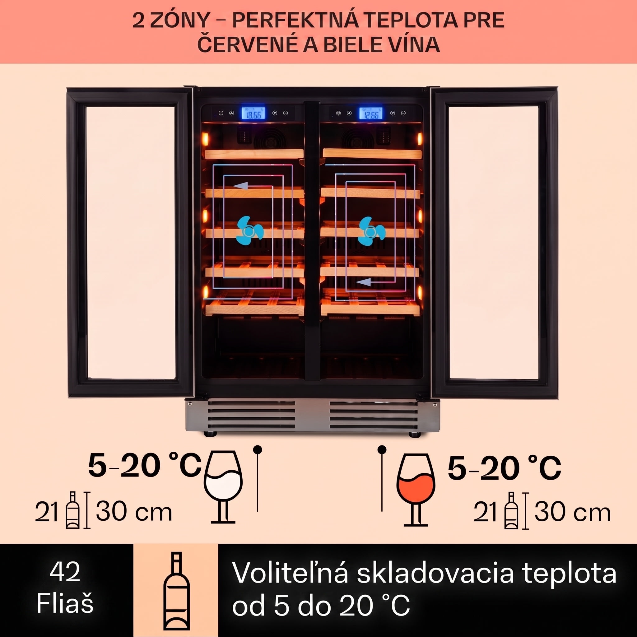 Klarstein Vinovilla Duo 42, dvojzónová vinotéka, 126 l, 42 fliaš, 3 farebné LED osvetlenie, sklenené dvere – Obrázok 2