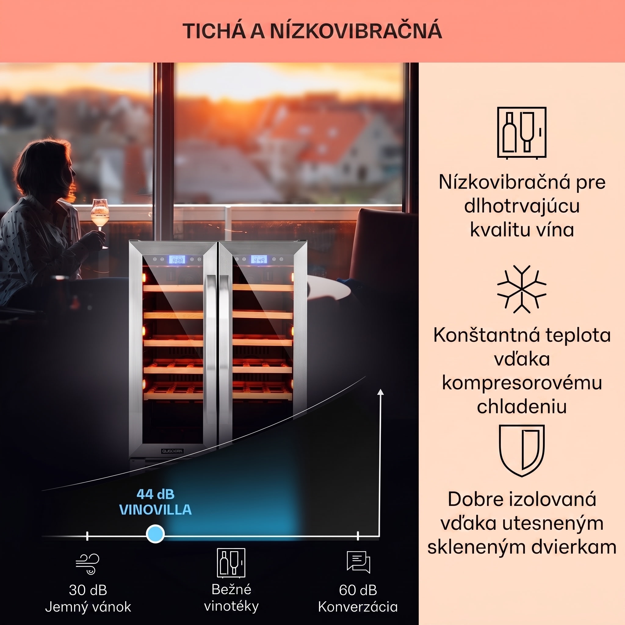 Klarstein Vinovilla Duo 42, dvojzónová vinotéka, 126 l, 42 fliaš, 3 farebné LED osvetlenie, sklenené dvere – Obrázok 3
