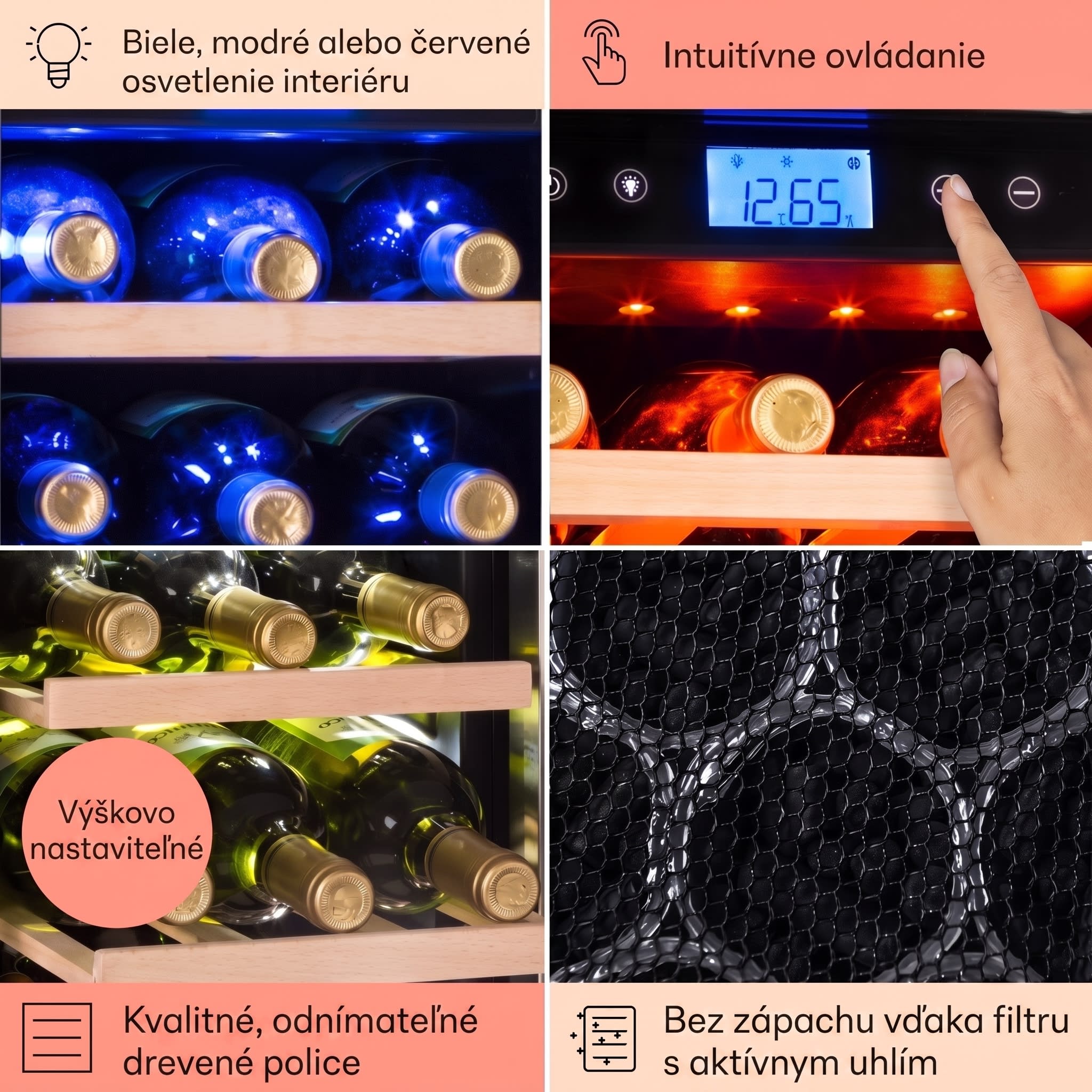 Klarstein Vinovilla Duo 42, dvojzónová vinotéka, 126 l, 42 fliaš, 3 farebné LED osvetlenie, sklenené dvere – Obrázok 4
