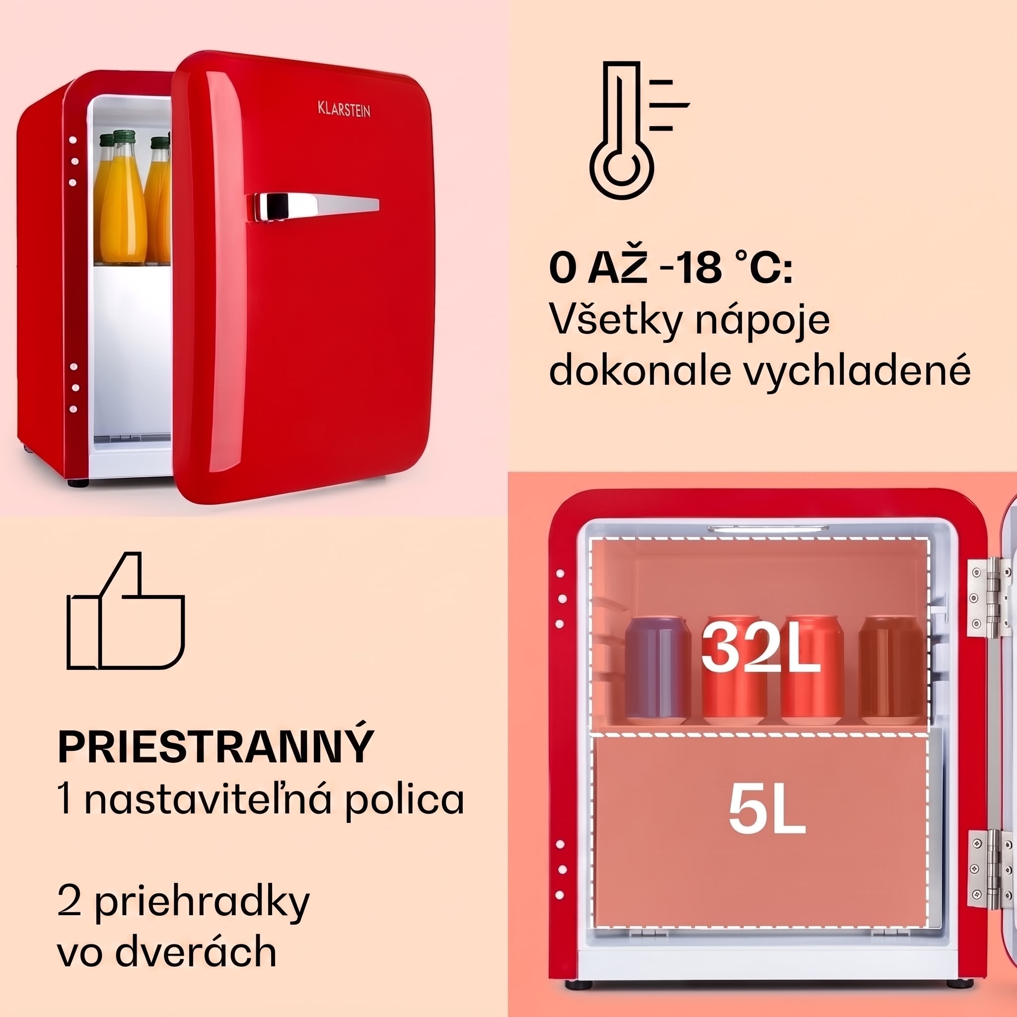 Klarstein Audrey, mini chladnička, energet. trieda E, mraziaci priečinok, LED – Obrázok 3