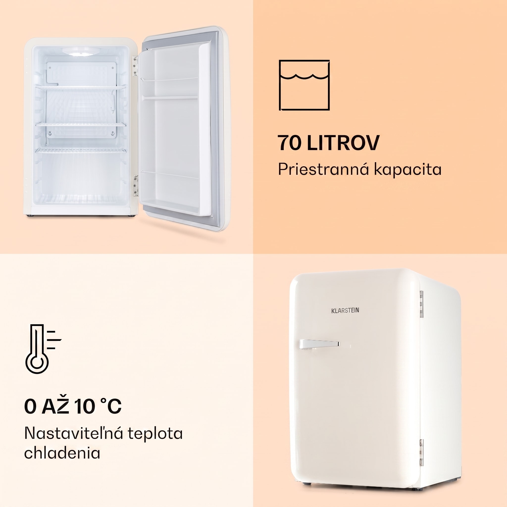Klarstein Audrey, retro chladnička, 70 l, 3 police, 2 priehradky vo dverách, vnútorné osvetlenie – Obrázok 3