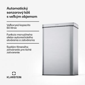 Klarstein Touchless, senzorový odpadkový kôš, 50 l, z nehrdzavejúcej ocele, Soft-Close zatváranie, napájaný batériou, LED displej, časovač