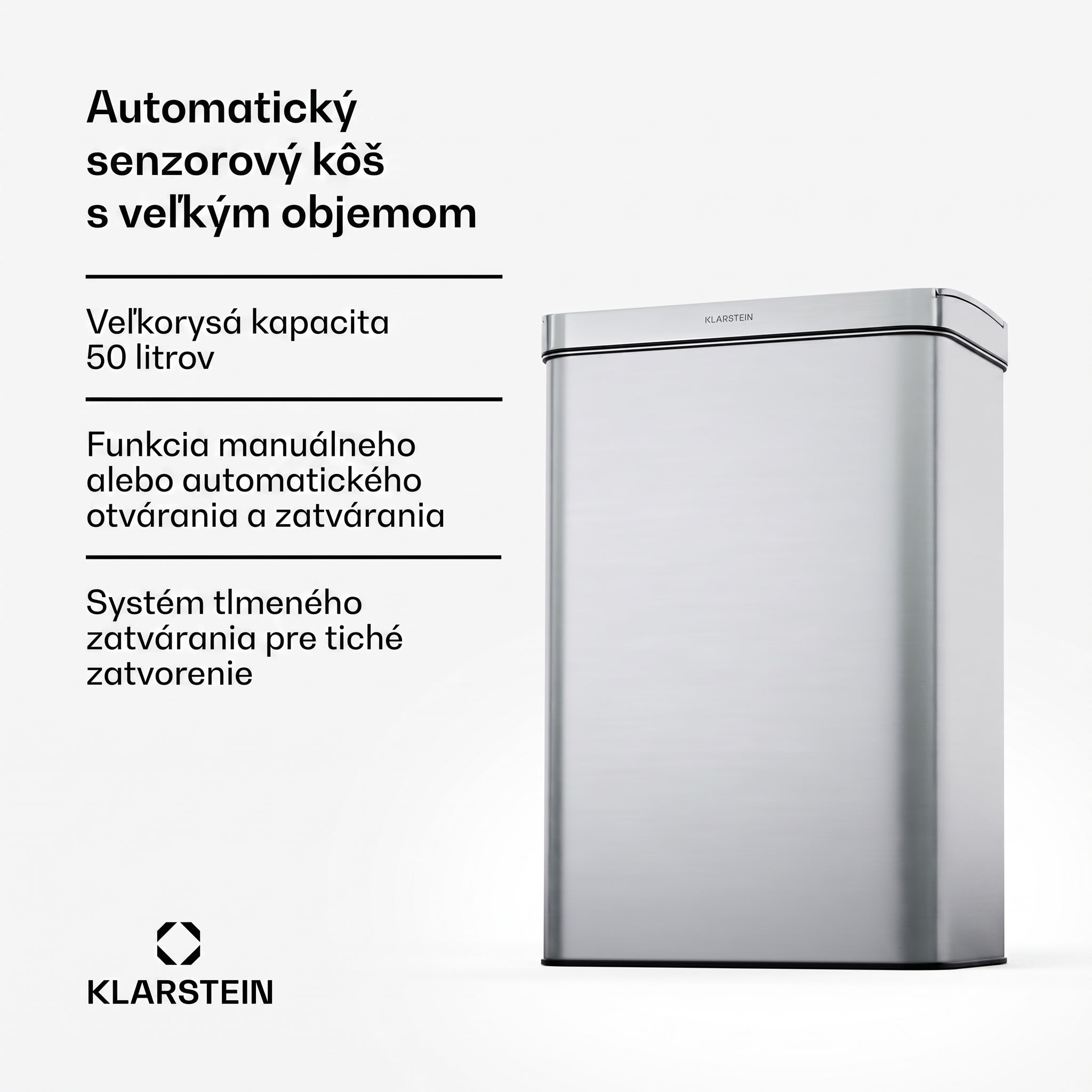 Klarstein Touchless, senzorový odpadkový kôš, 50 l, z nehrdzavejúcej ocele, Soft-Close zatváranie, napájaný batériou, LED displej, časovač