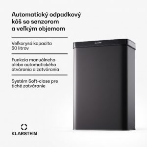 Klarstein Touchless, senzorový odpadkový kôš, 50 l, z nehrdzavejúcej ocele, Soft-Close zatváranie, napájaný batériou, LED displej, časovač
