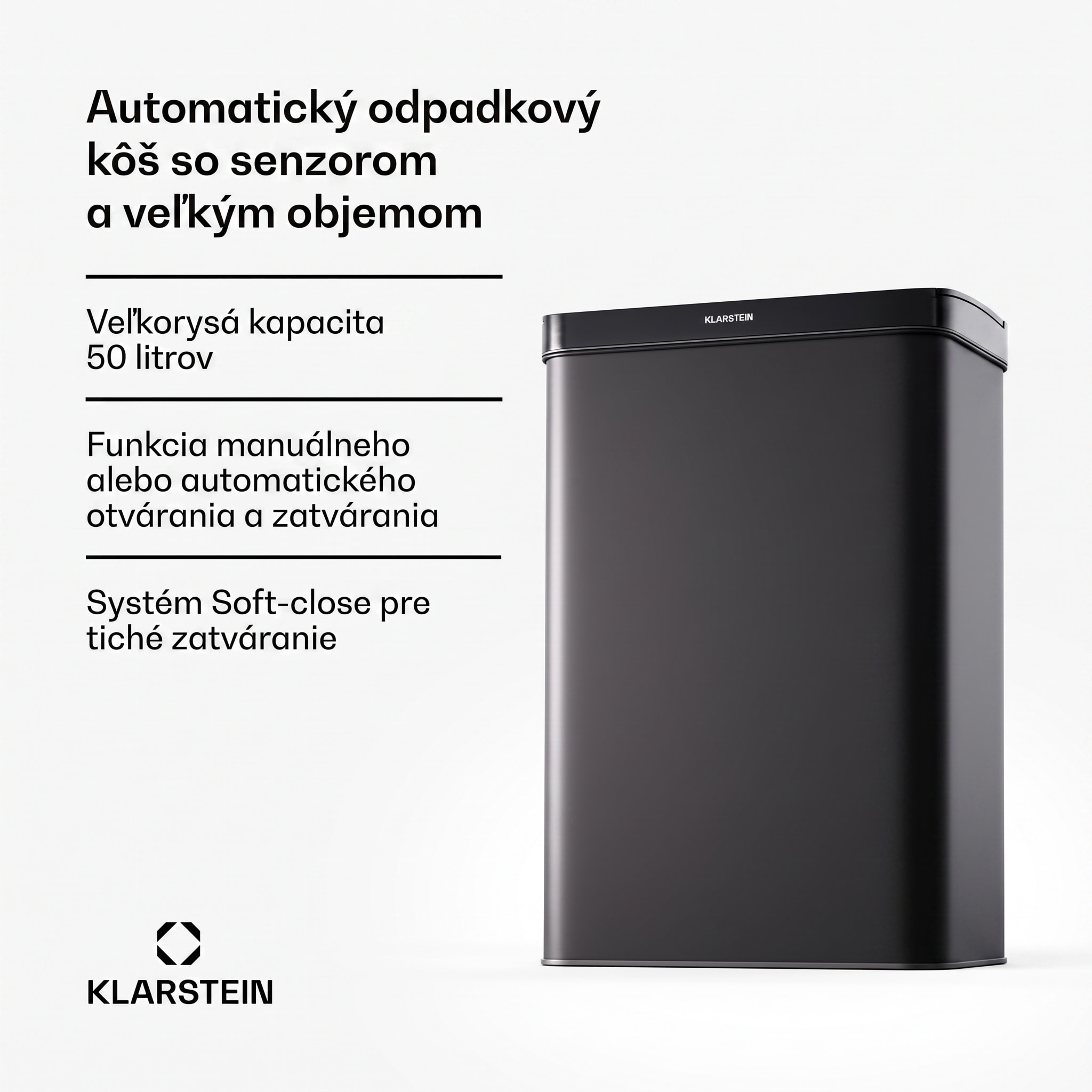 Klarstein Touchless, senzorový odpadkový kôš, 50 l, z nehrdzavejúcej ocele, Soft-Close zatváranie, napájaný batériou, LED displej, časovač